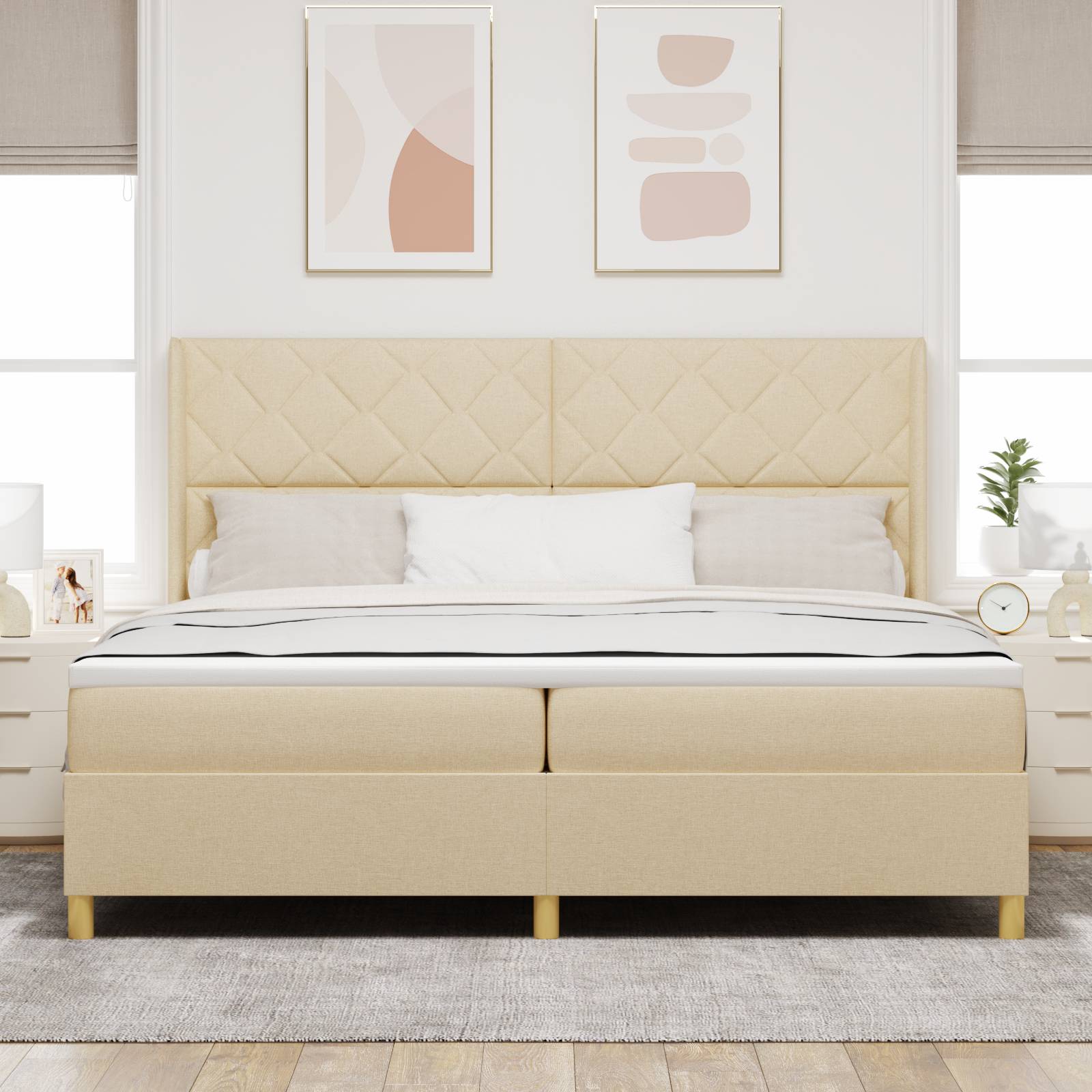 vidaXL LED Boxspringbett mit Matratze Creme 200x200 cm Stoff