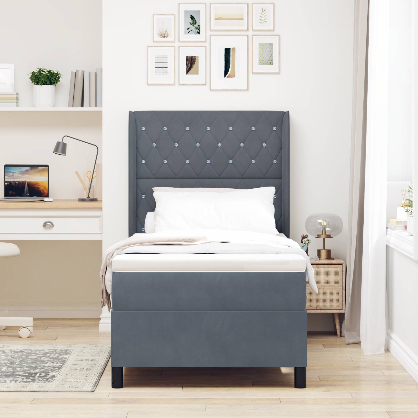 vidaXL Boxspringbett mit Matratze Dunkelgrau 100x200 cm Samt