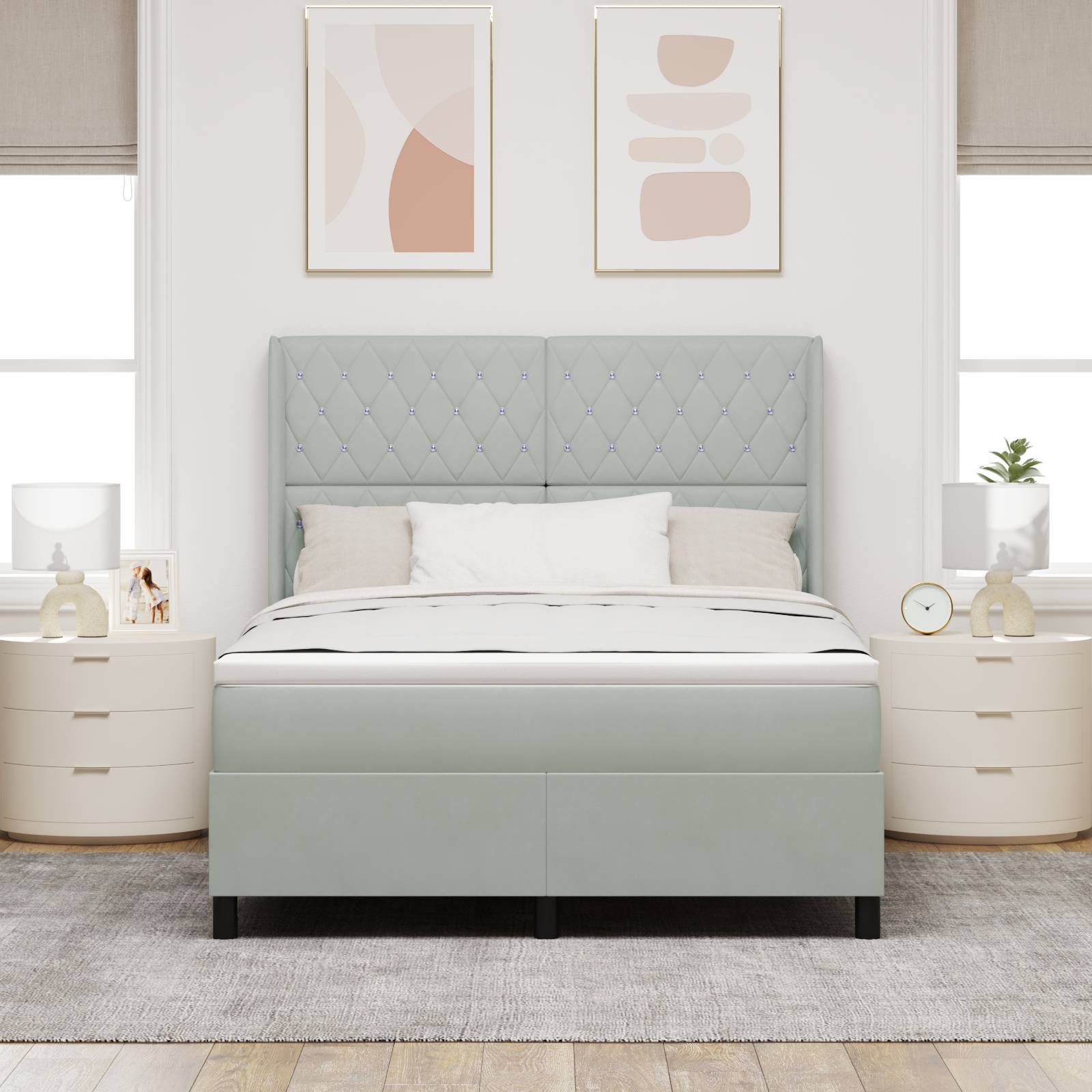 vidaXL LED Boxspringbett mit Matratze Hellgrau 160x200 cm Samt