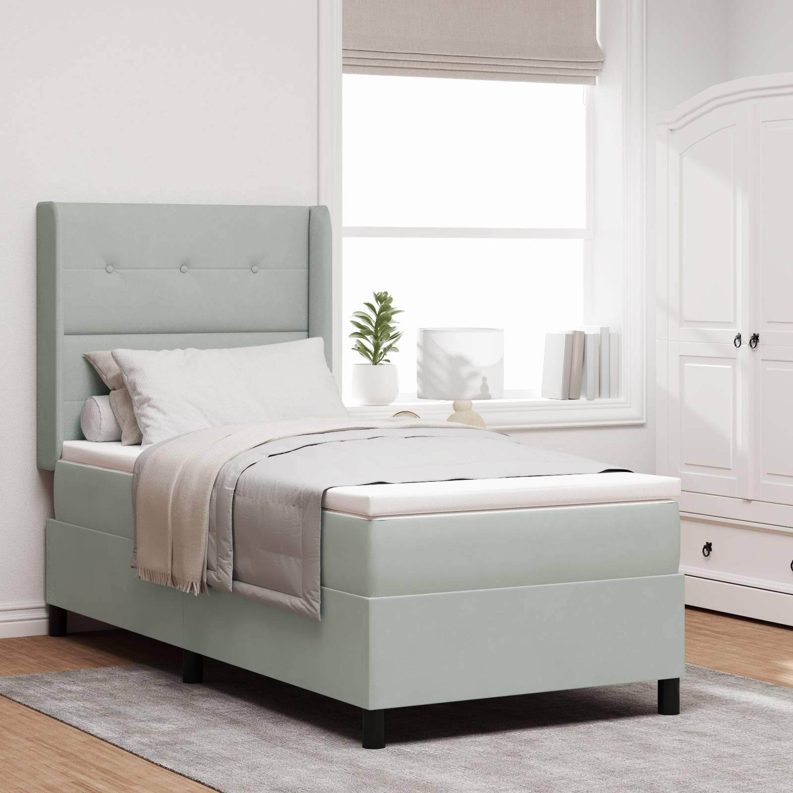 vidaXL LED Boxspringbett mit Matratze Hellgrau 90x190 cm Samt
