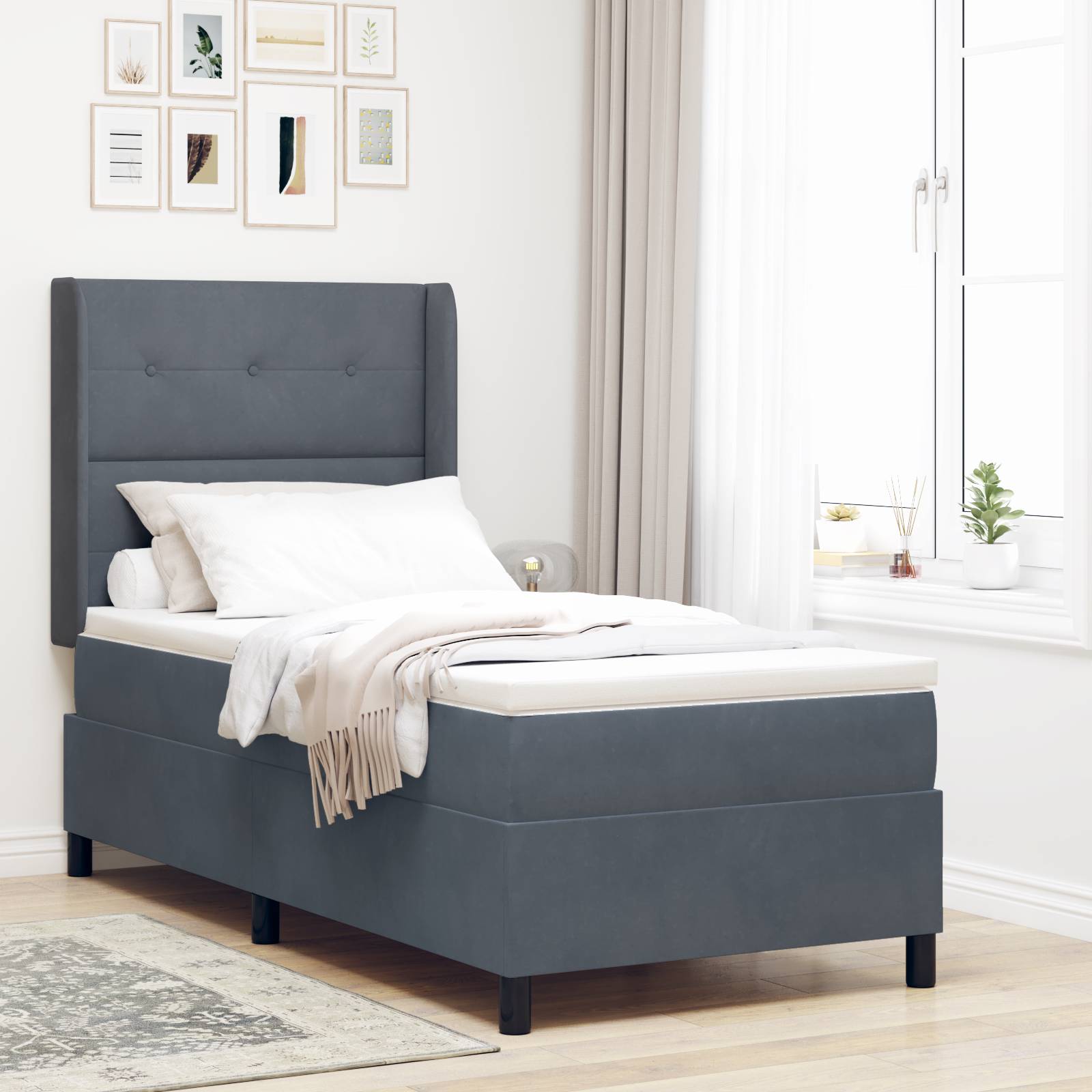 vidaXL LED Boxspringbett mit Matratze Dunkelgrau 90x200 cm Samt