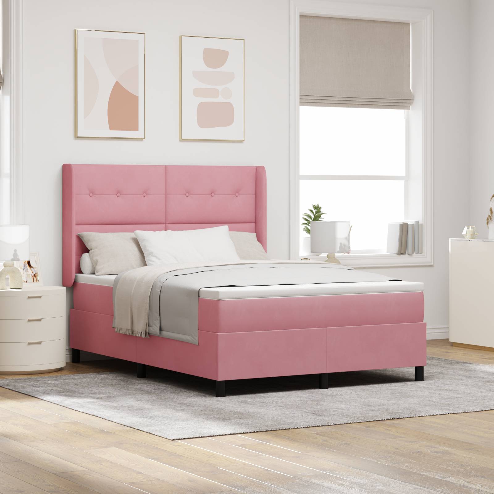 vidaXL LED Boxspringbett mit Matratze Rosa 160x200 cm Samt
