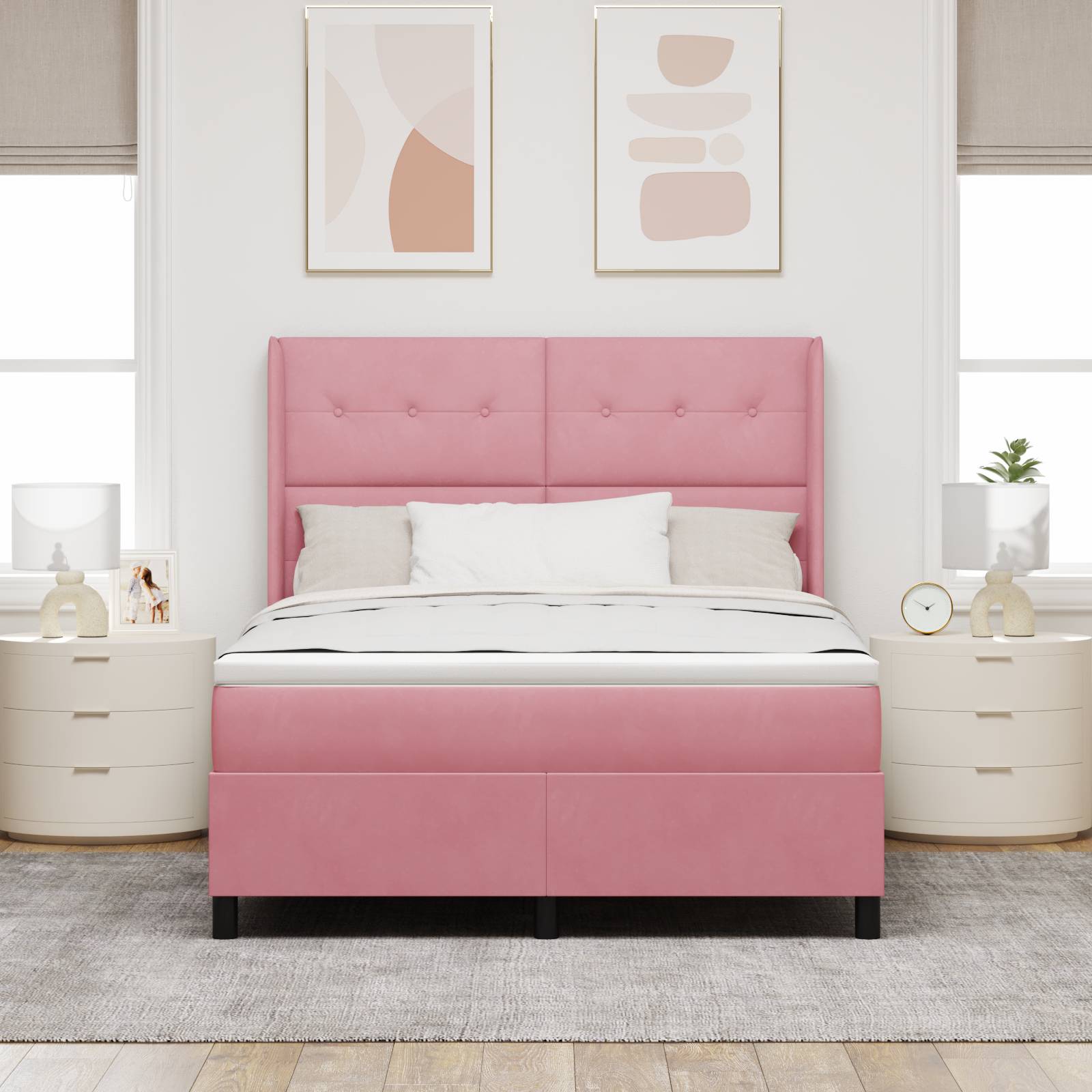 vidaXL LED Boxspringbett mit Matratze Rosa 160x200 cm Samt