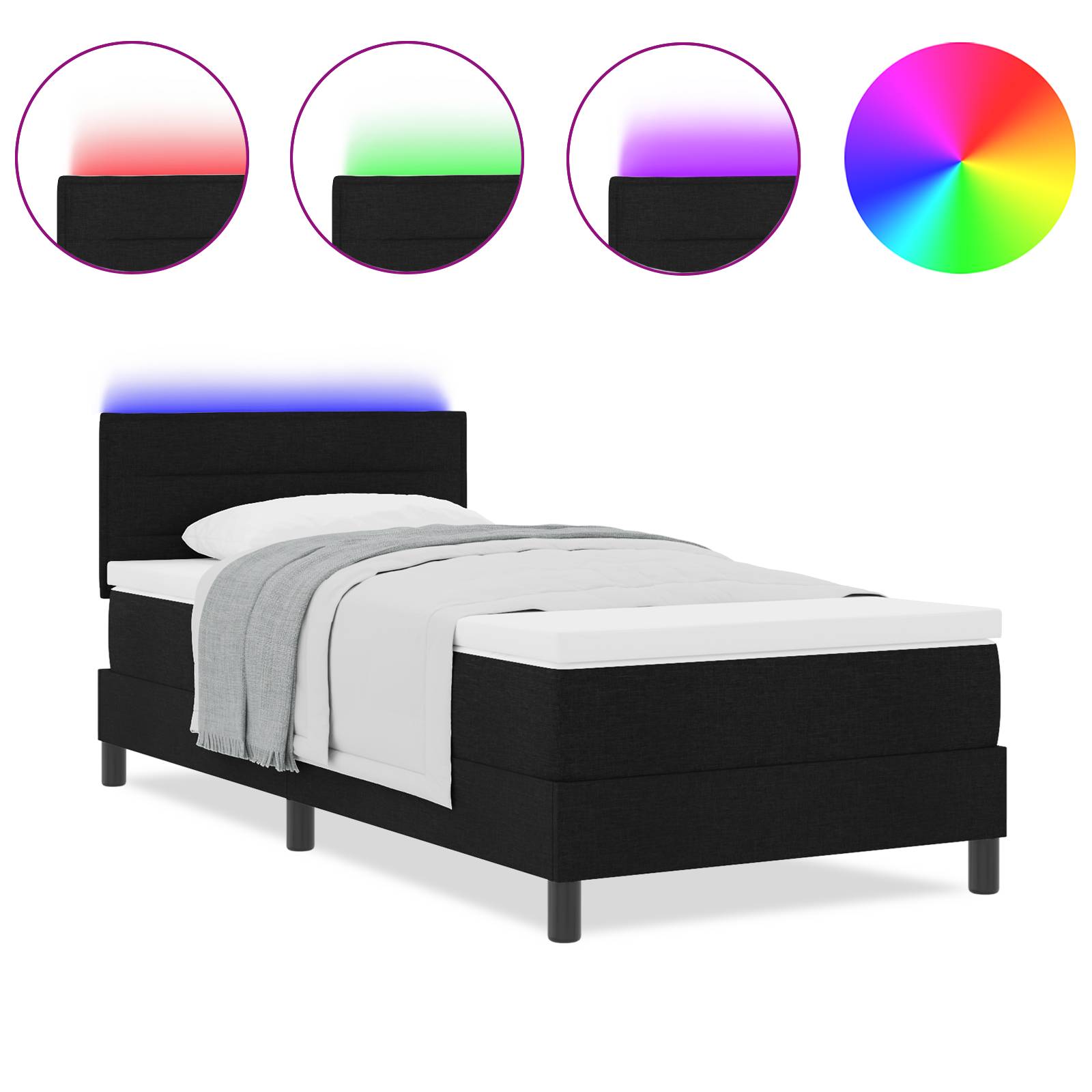 vidaXL LED Boxspringbett mit Matratze Schwarz 90x200 cm Stoff