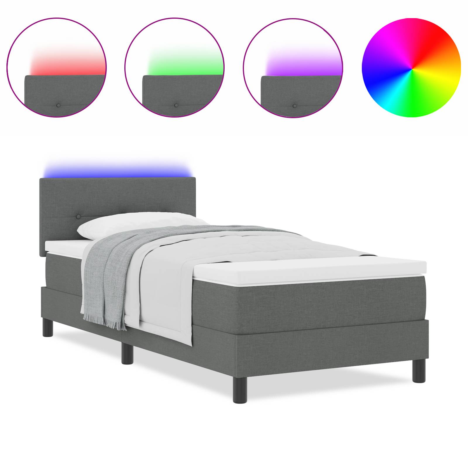 vidaXL LED Boxspringbett mit Matratze Dunkelgrau 90x190 cm Stoff