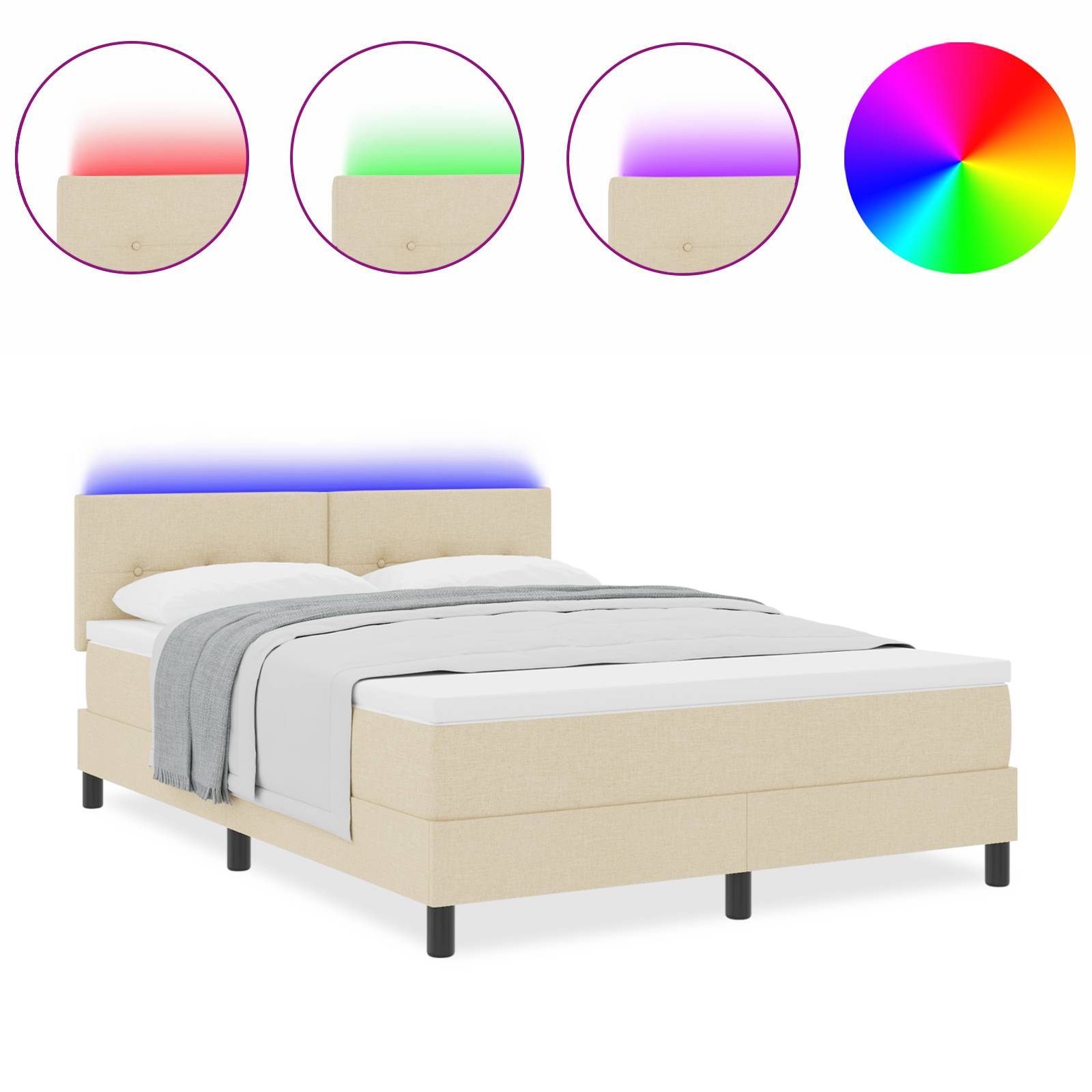 vidaXL LED Boxspringbett mit Matratze Creme 160x200 cm Stoff