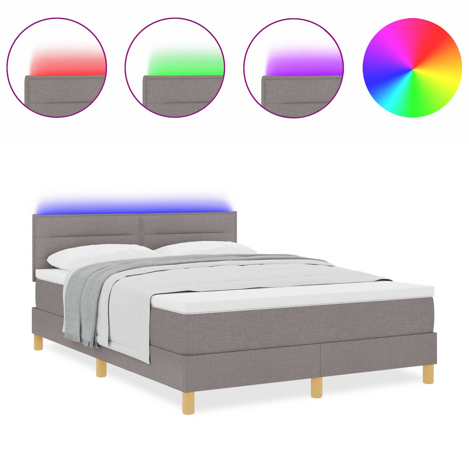 vidaXL LED Boxspringbett mit Matratze Taupe 140x200 cm Stoff