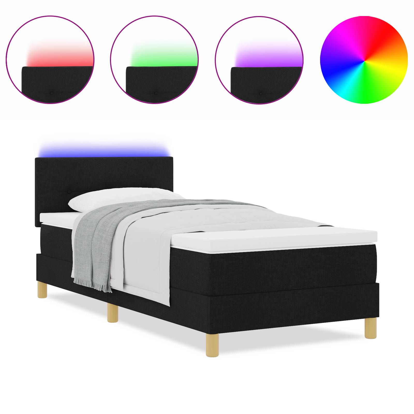 vidaXL LED Boxspringbett mit Matratze Schwarz 90x200 cm Stoff