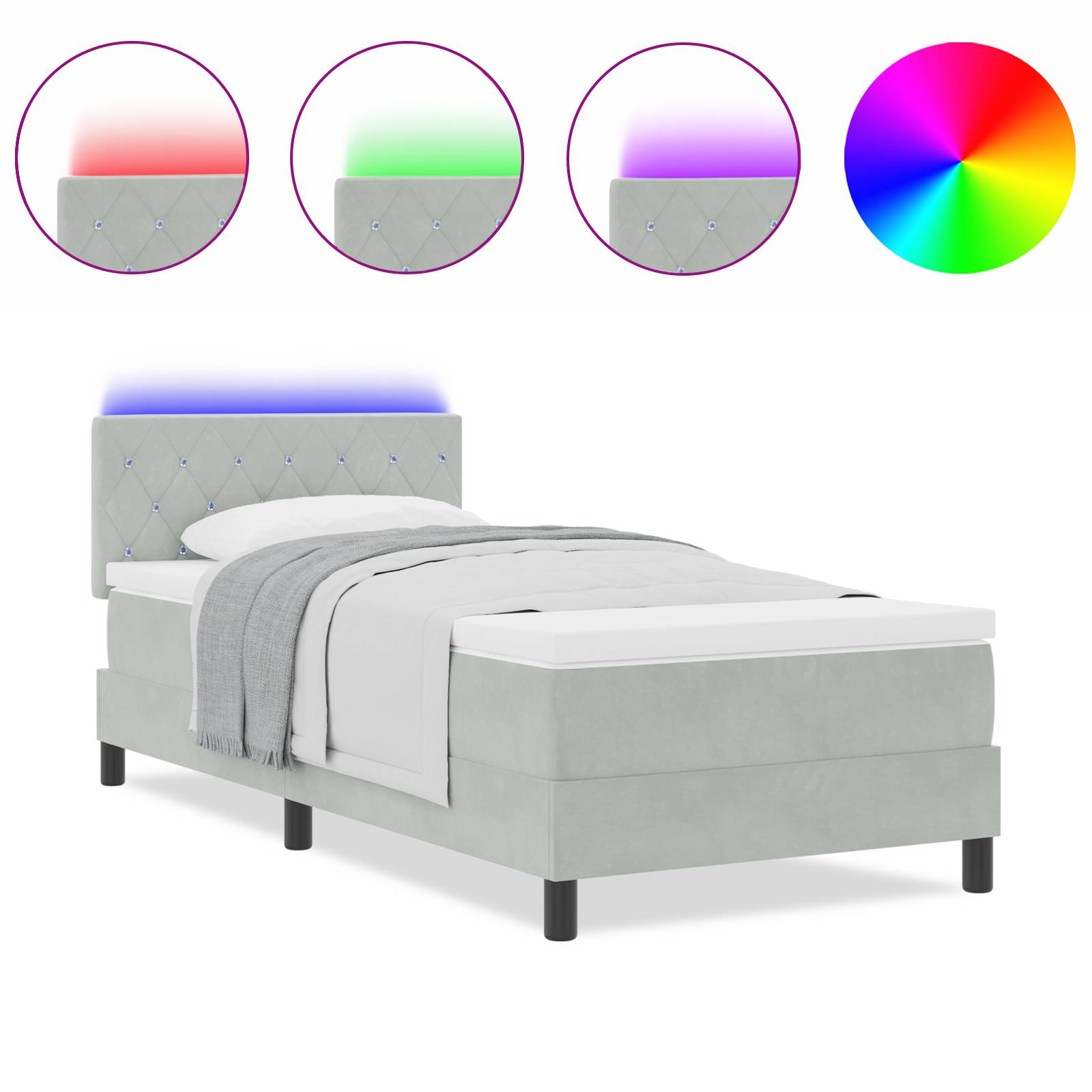 vidaXL LED Boxspringbett mit Matratze Hellgrau 100x200 cm Samt