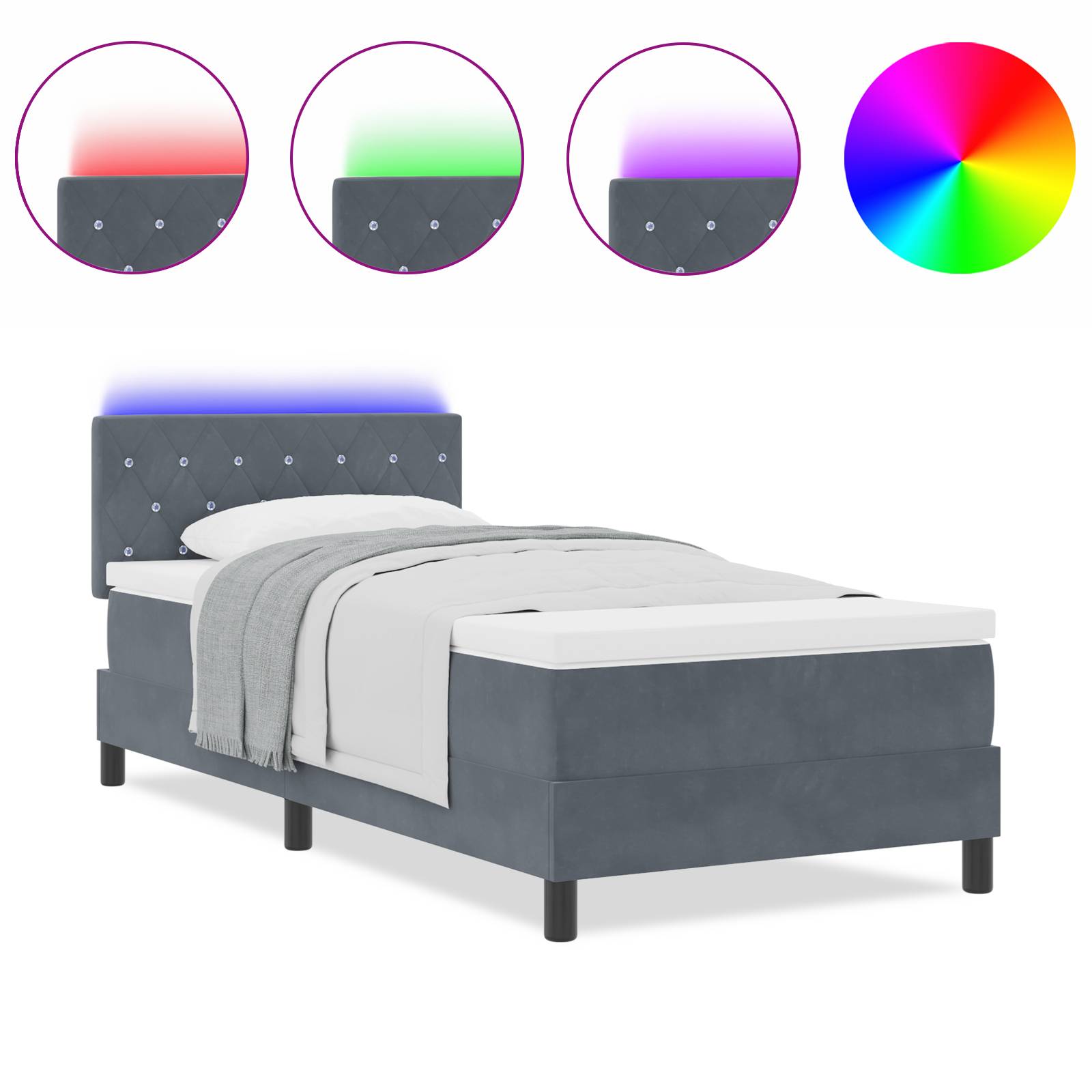 vidaXL LED Boxspringbett mit Matratze Dunkelgrau 100x200 cm Samt