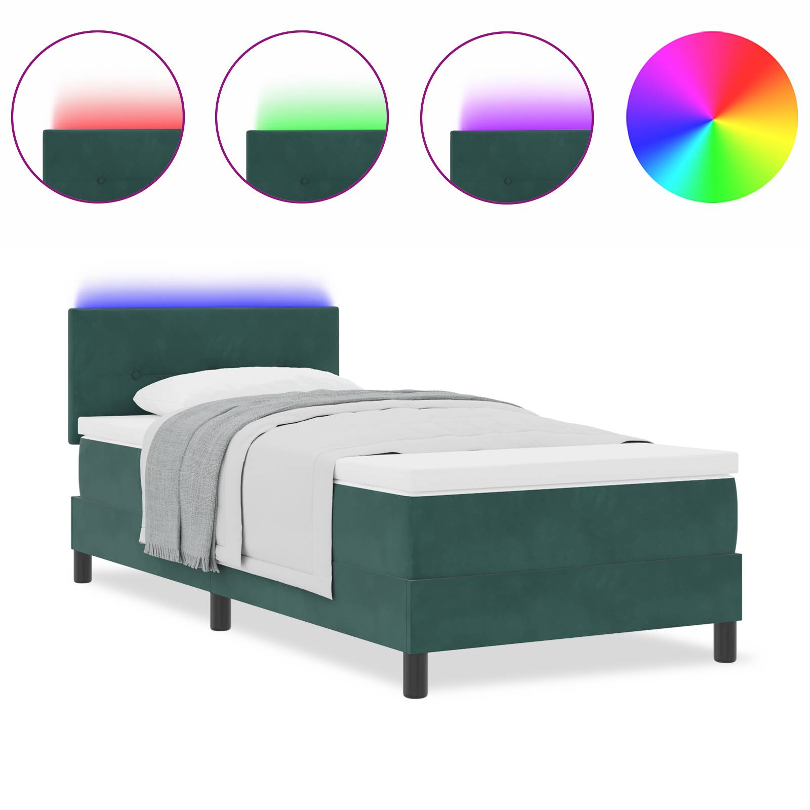 vidaXL LED Boxspringbett mit Matratze Dunkelgrün 80x200 cm Samt
