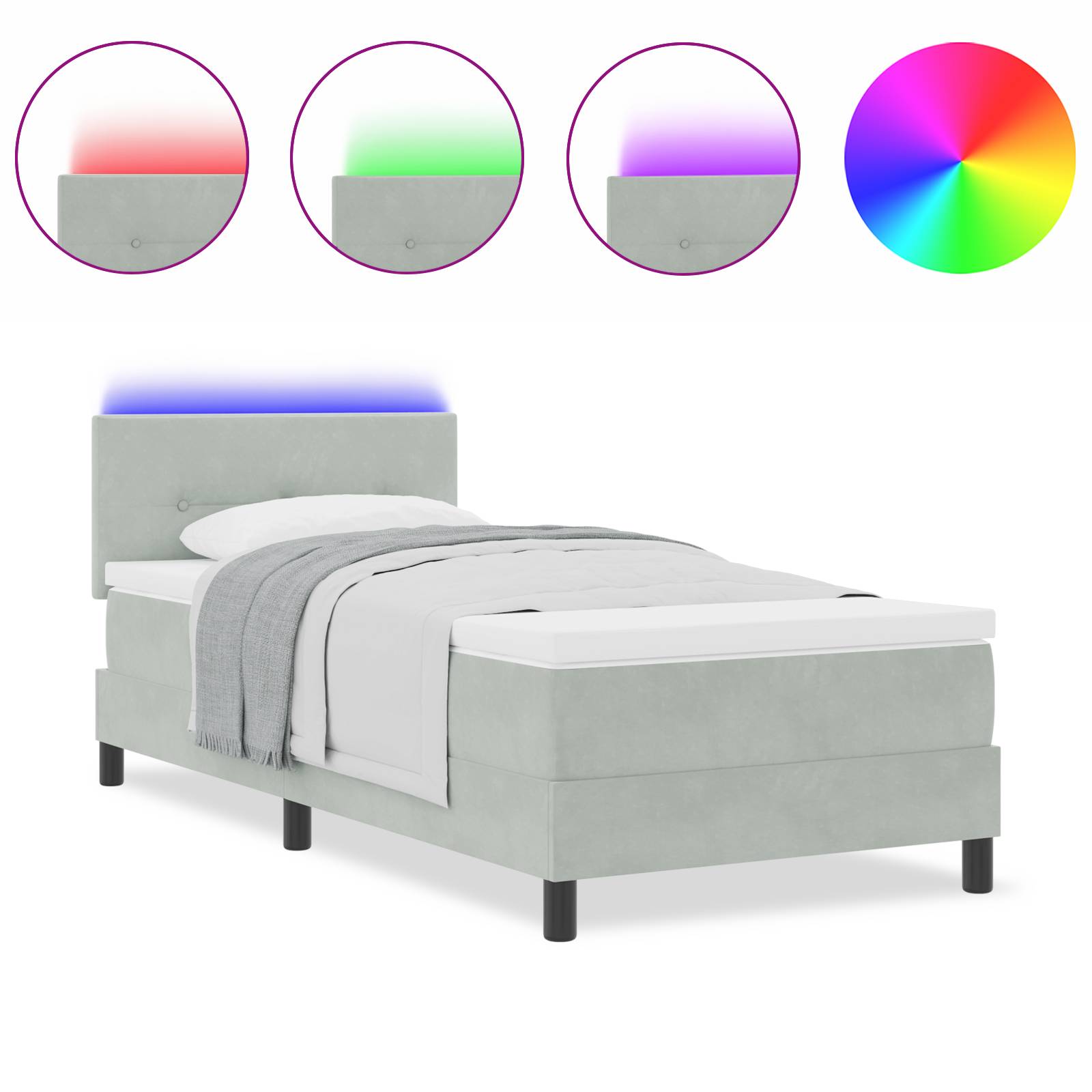 vidaXL LED Boxspringbett mit Matratze Hellgrau 90x190 cm Samt