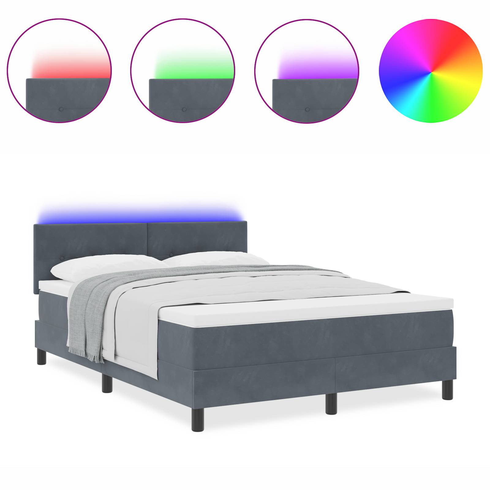 vidaXL LED Boxspringbett mit Matratze Dunkelgrau 160x200 cm Samt