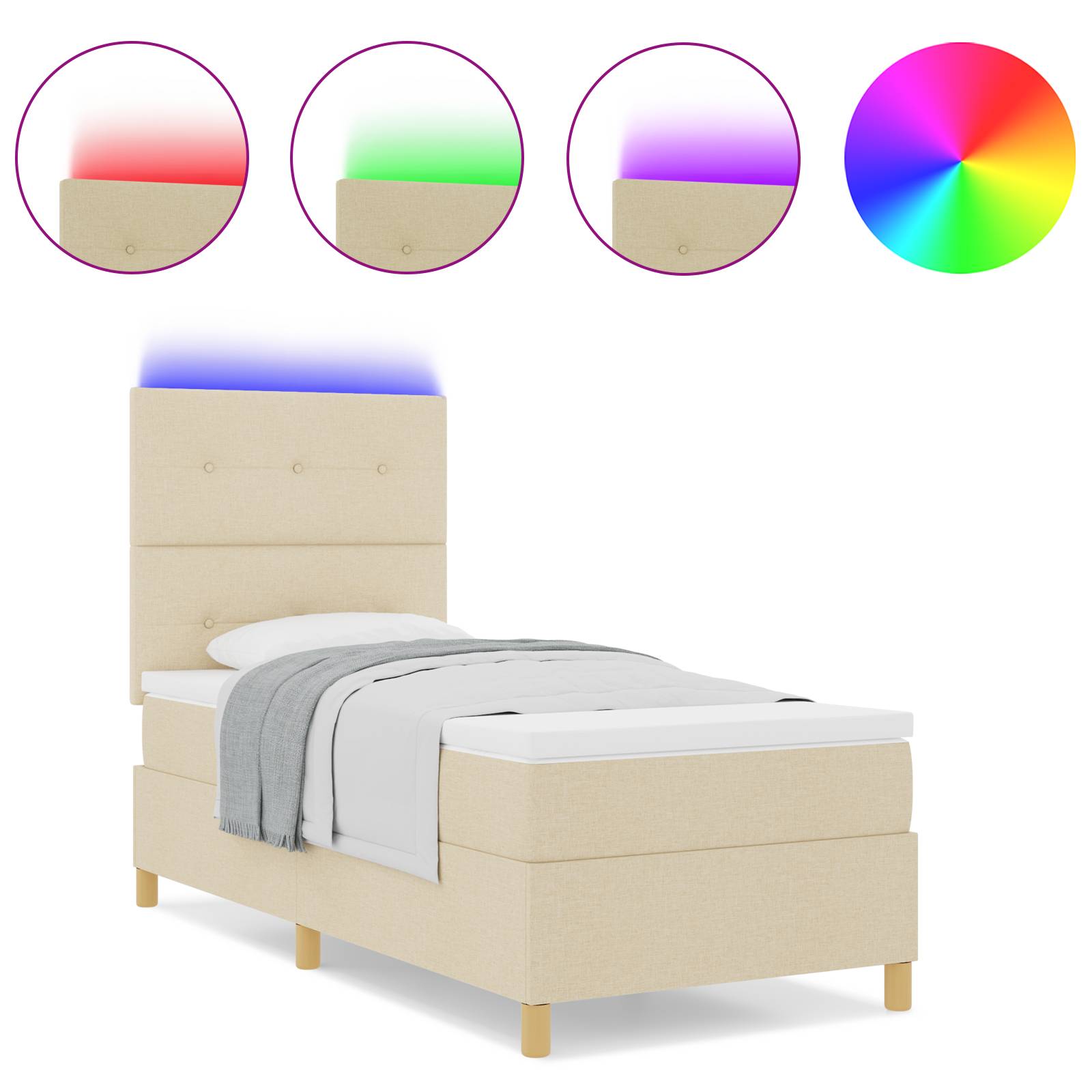 vidaXL LED Boxspringbett mit Matratze Creme 90x200 cm Stoff
