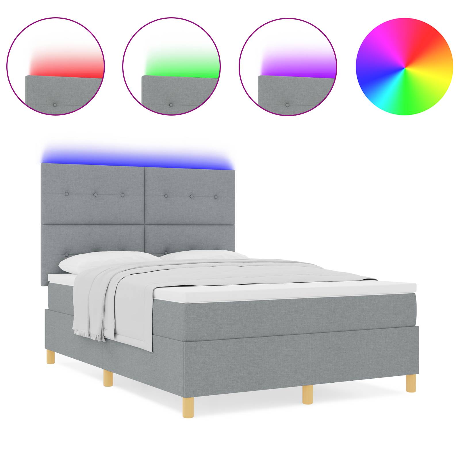 vidaXL LED Boxspringbett mit Matratze Hellgrau 140x190 cm Stoff