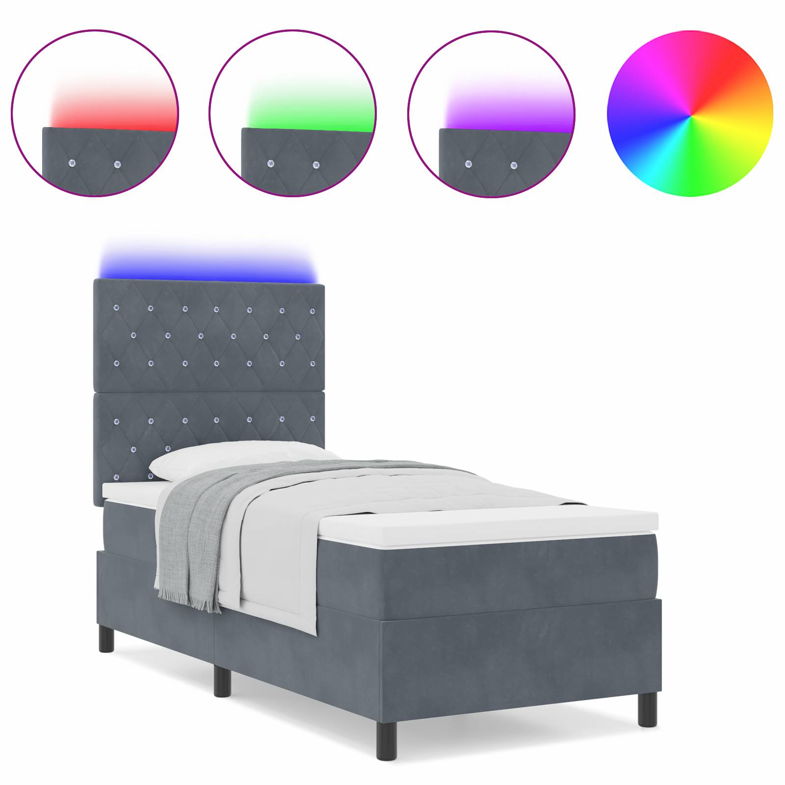 vidaXL Boxspringbett mit Matratze und LED Dunkelgrau 90x190 cm Samt