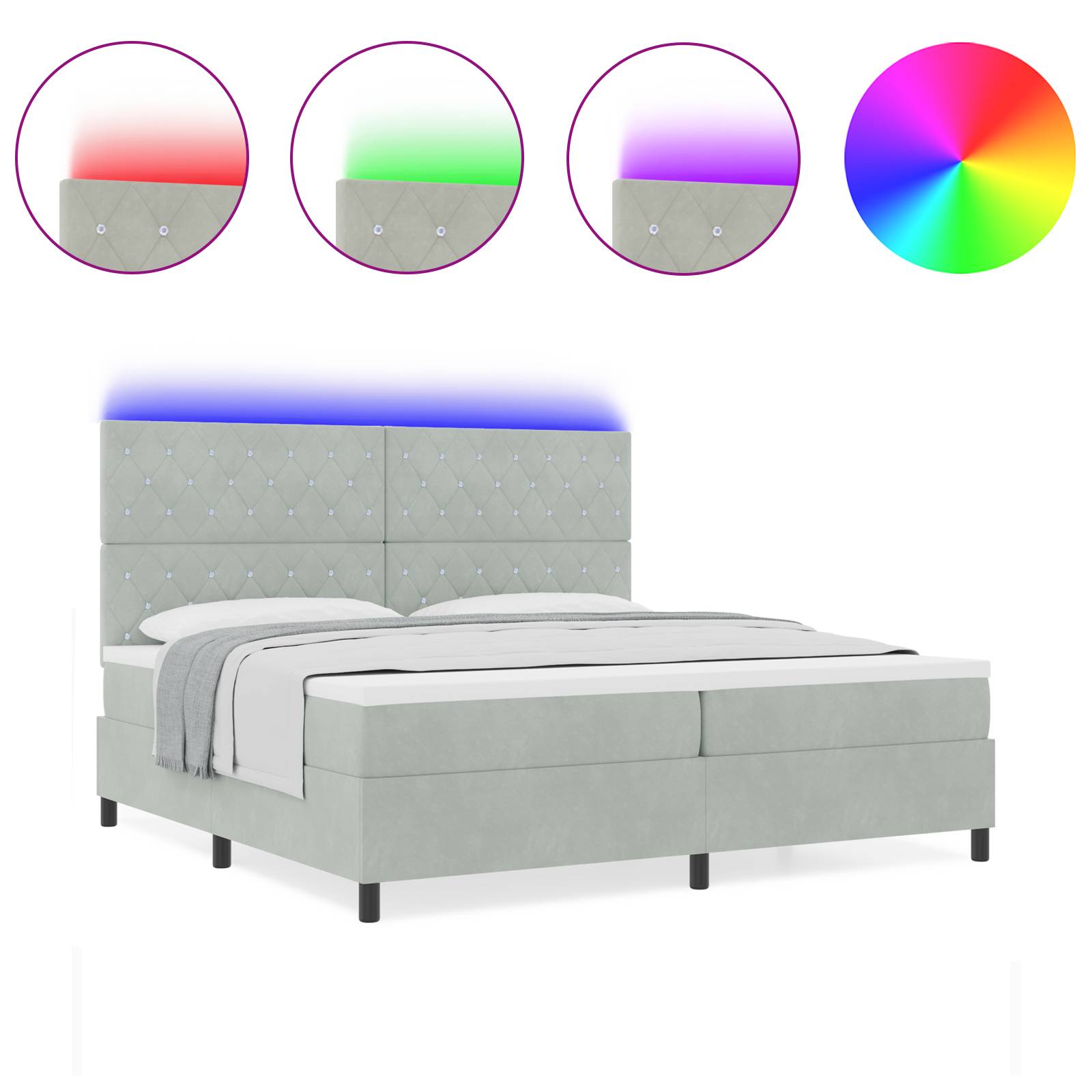 vidaXL LED Boxspringbett mit Matratze Hellgrau 200x200 cm Samt