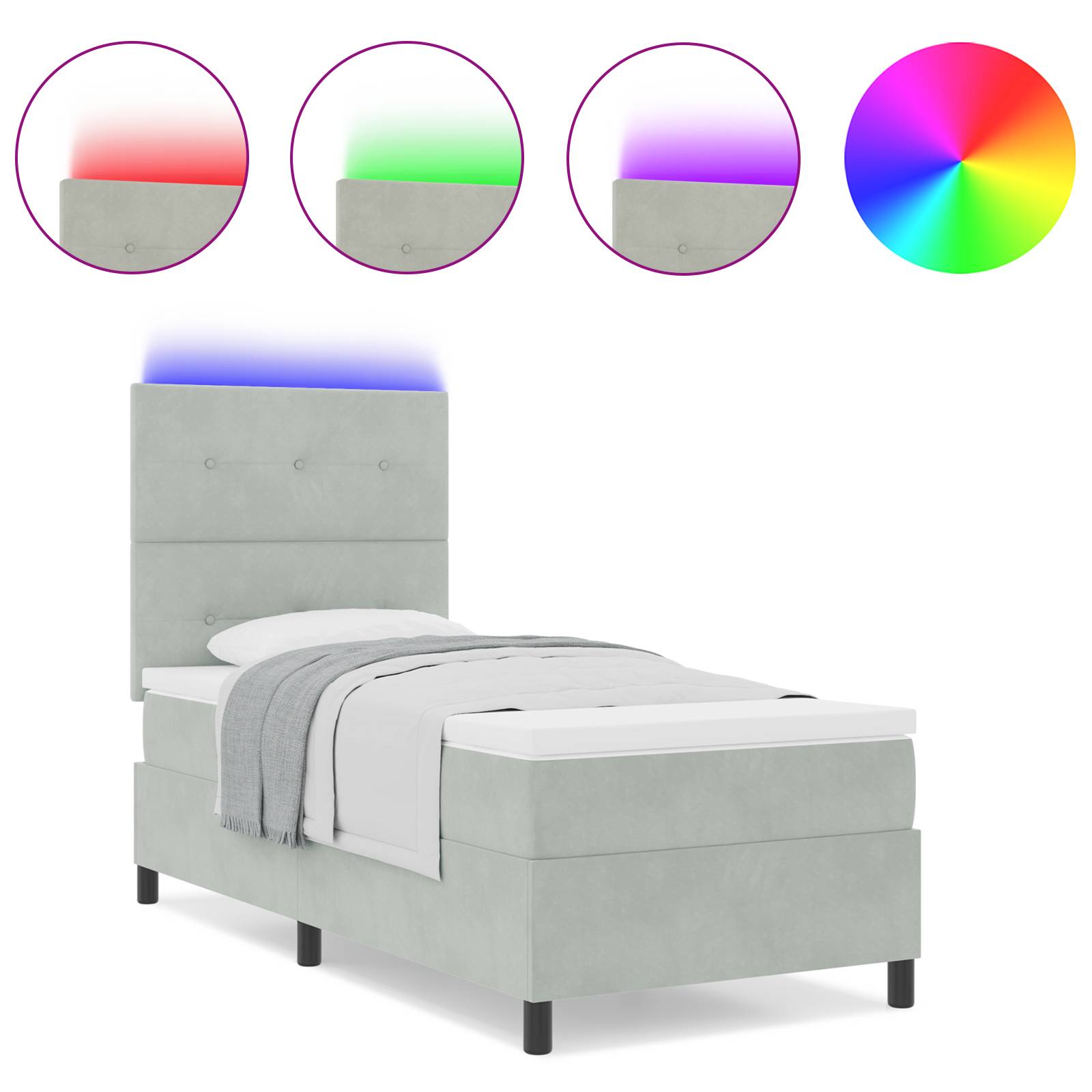 vidaXL LED Boxspringbett mit Matratze Hellgrau 100x200 cm Samt