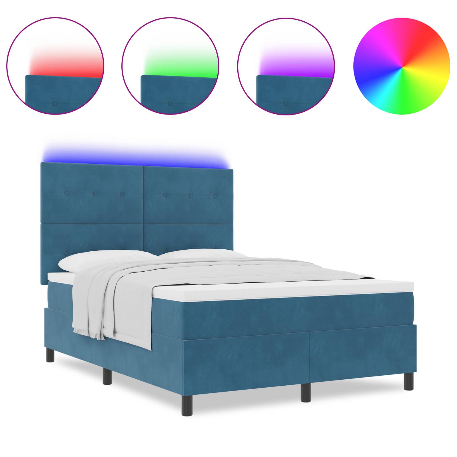 vidaXL LED Boxspringbett mit Matratze Dunkelblau 140x190 cm Samt