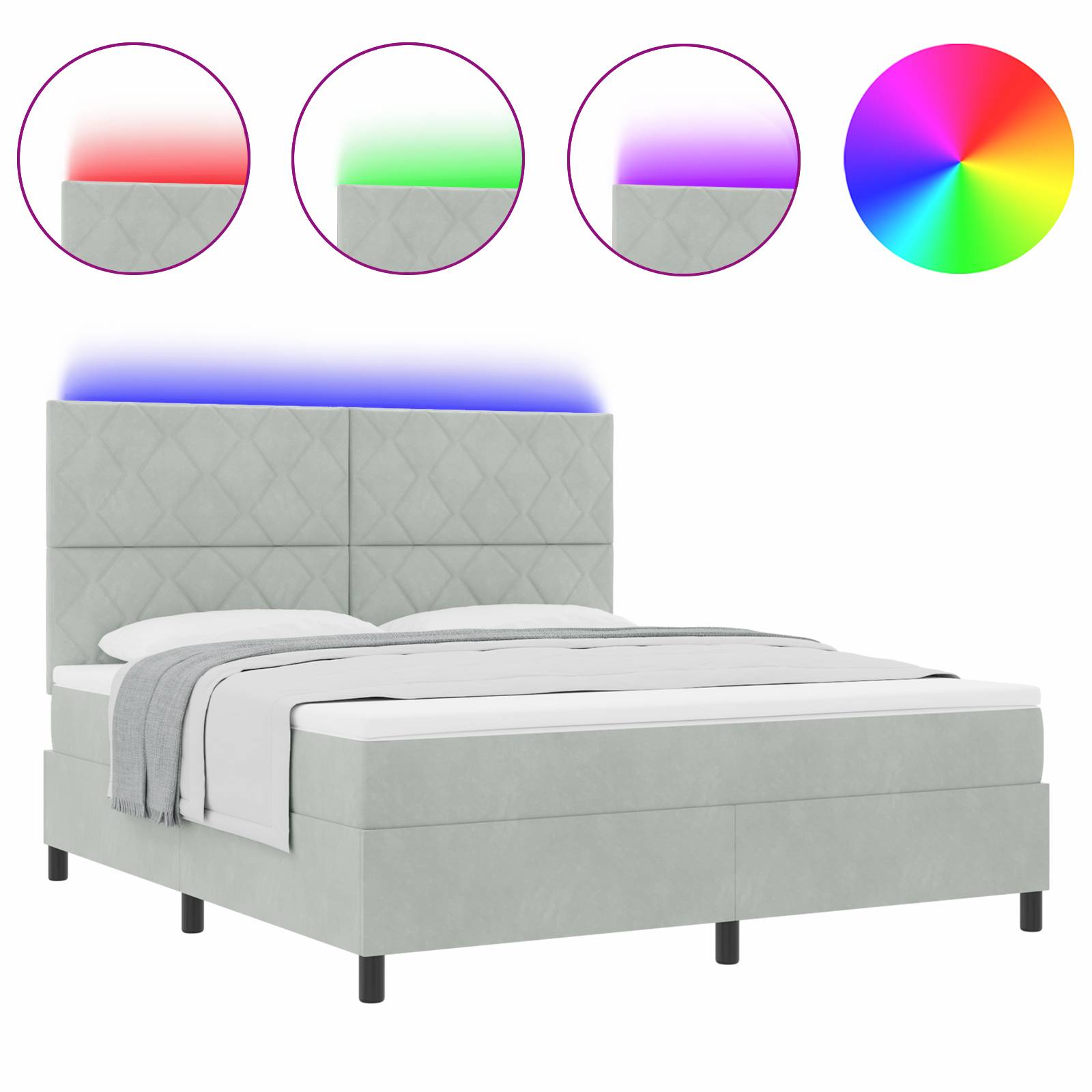 vidaXL LED Boxspringbett mit Matratze Hellgrau 180x200 cm Samt