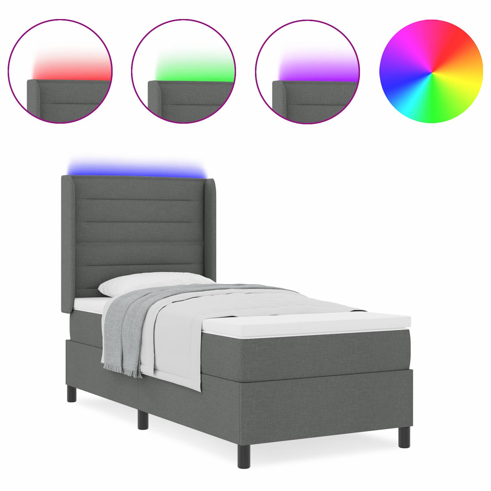 vidaXL LED Boxspringbett mit Matratze Dunkelgrau 80x200 cm Stoff