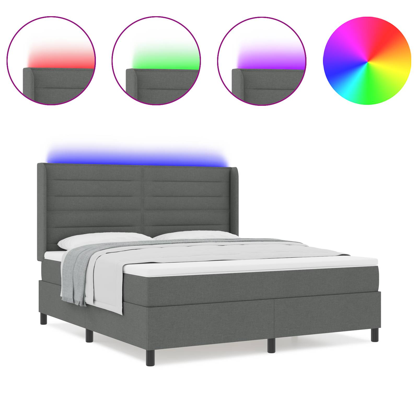vidaXL LED Boxspringbett mit Matratze Dunkelgrau 180x200 cm Stoff