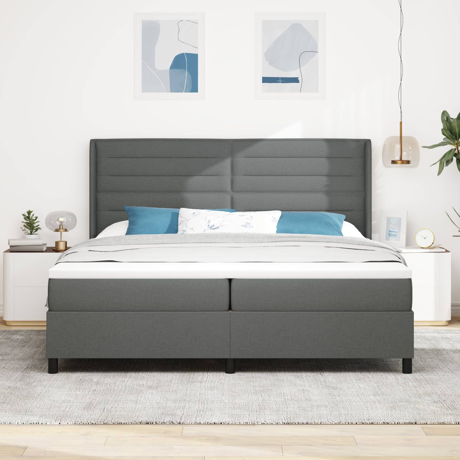 vidaXL LED Boxspringbett mit Matratze Dunkelgrau 200x200 cm Stoff