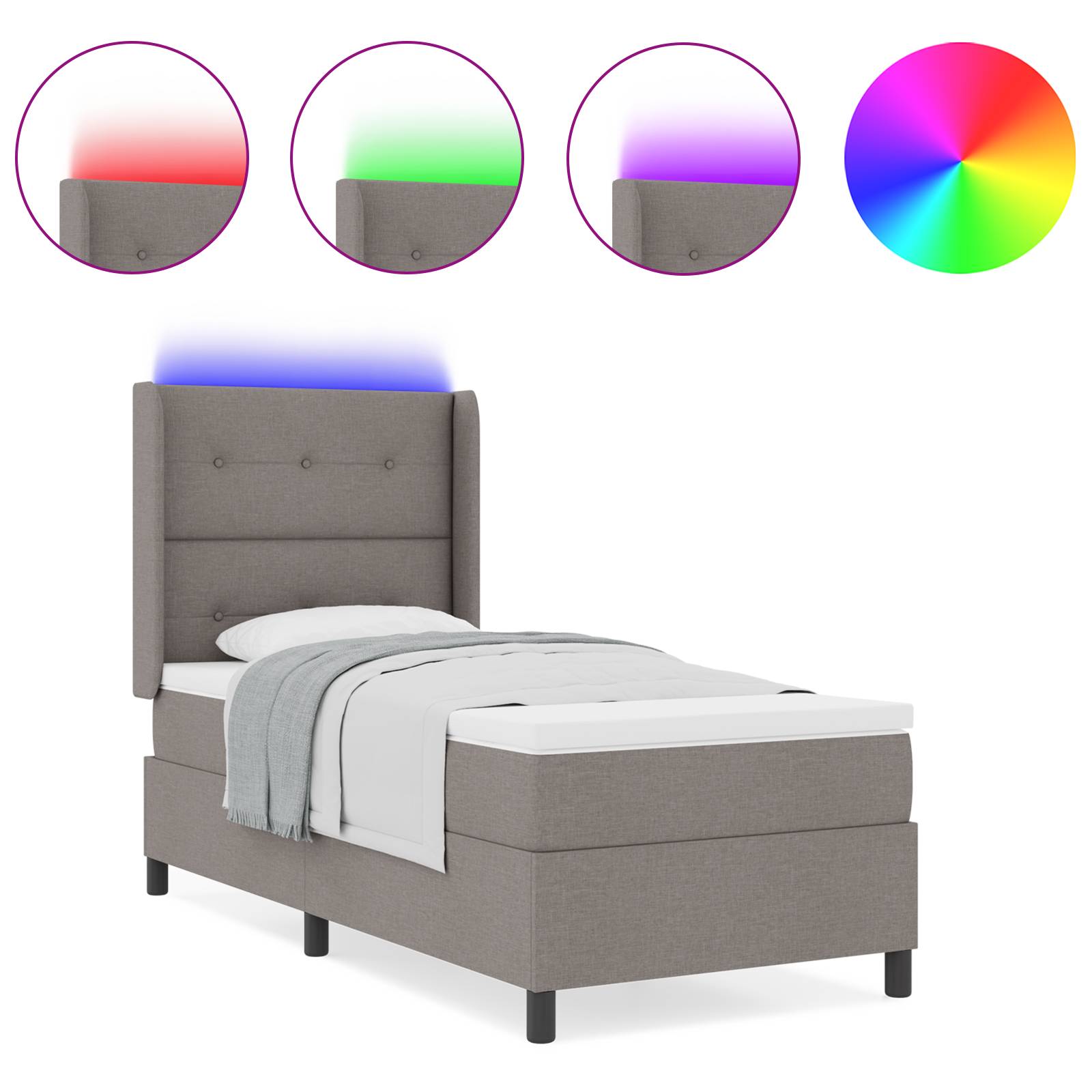 vidaXL LED Boxspringbett mit Matratze Taupe 90x200 cm Stoff