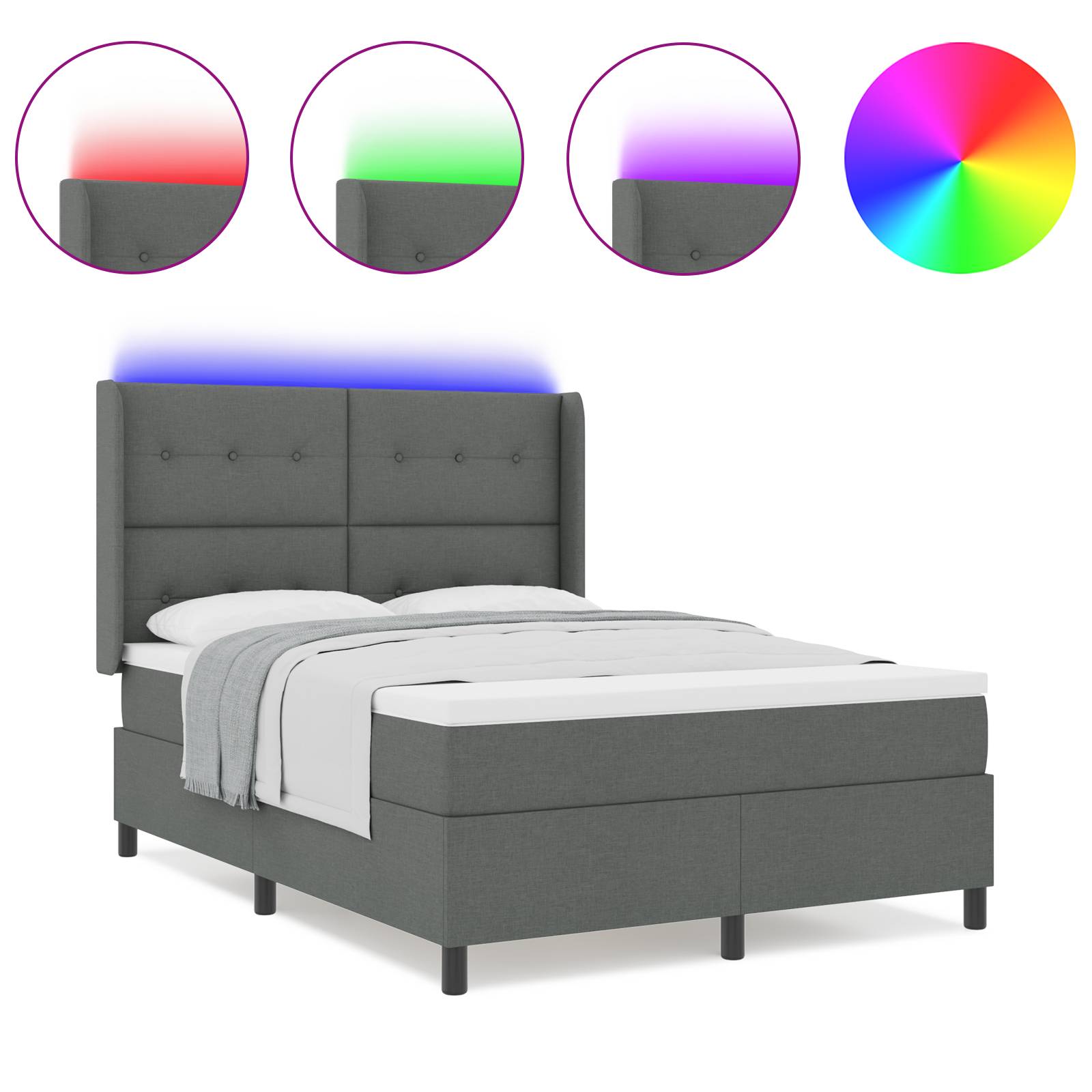 vidaXL LED Boxspringbett mit Matratze Dunkelgrau 160x200 cm Stoff