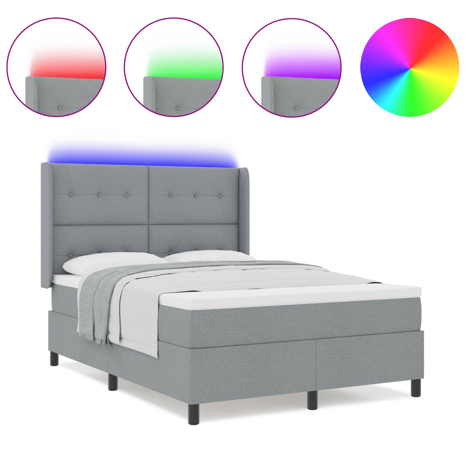 vidaXL LED Boxspringbett mit Matratze Hellgrau 160x200 cm Stoff