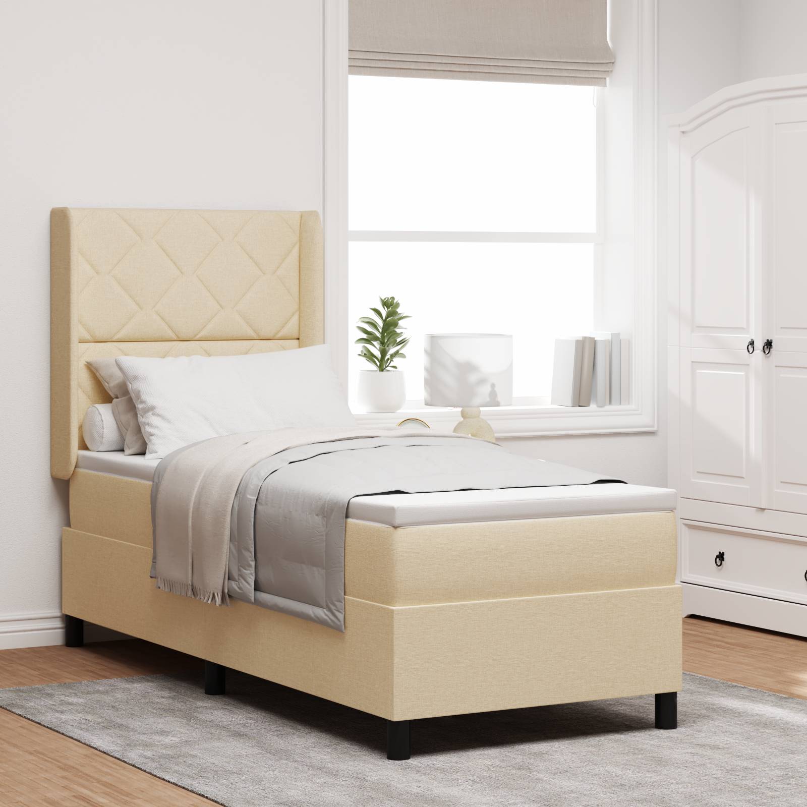 vidaXL LED Boxspringbett mit Matratze Creme 90x190 cm Stoff