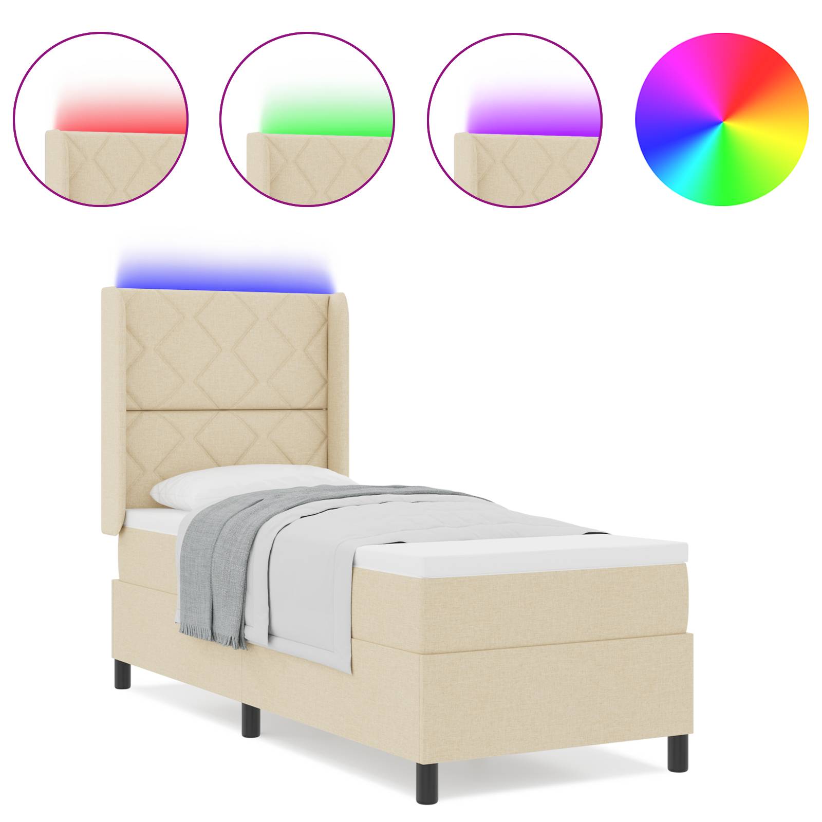 vidaXL LED Boxspringbett mit Matratze Creme 90x190 cm Stoff