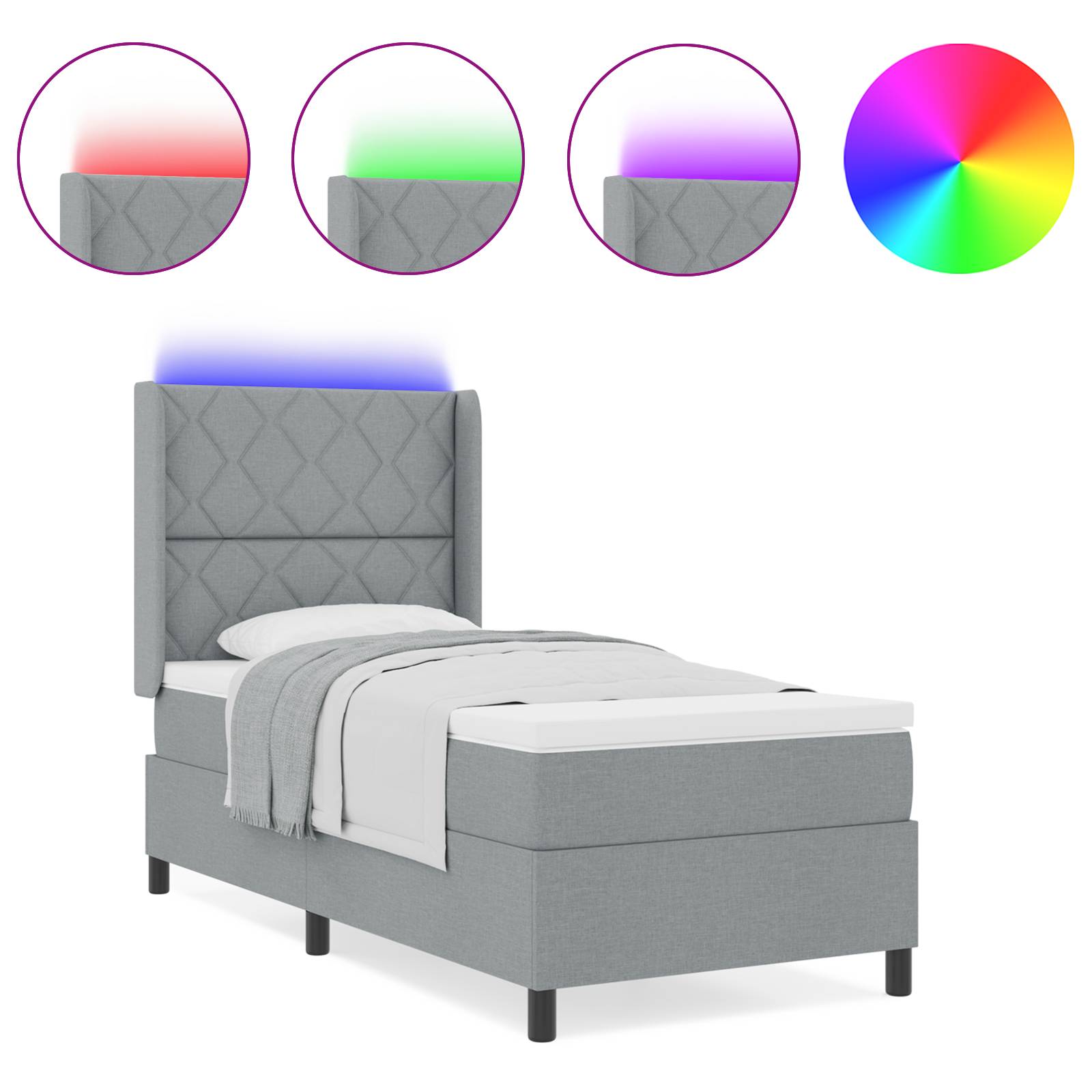 vidaXL LED Boxspringbett mit Matratze Hellgrau 100x200 cm Stoff