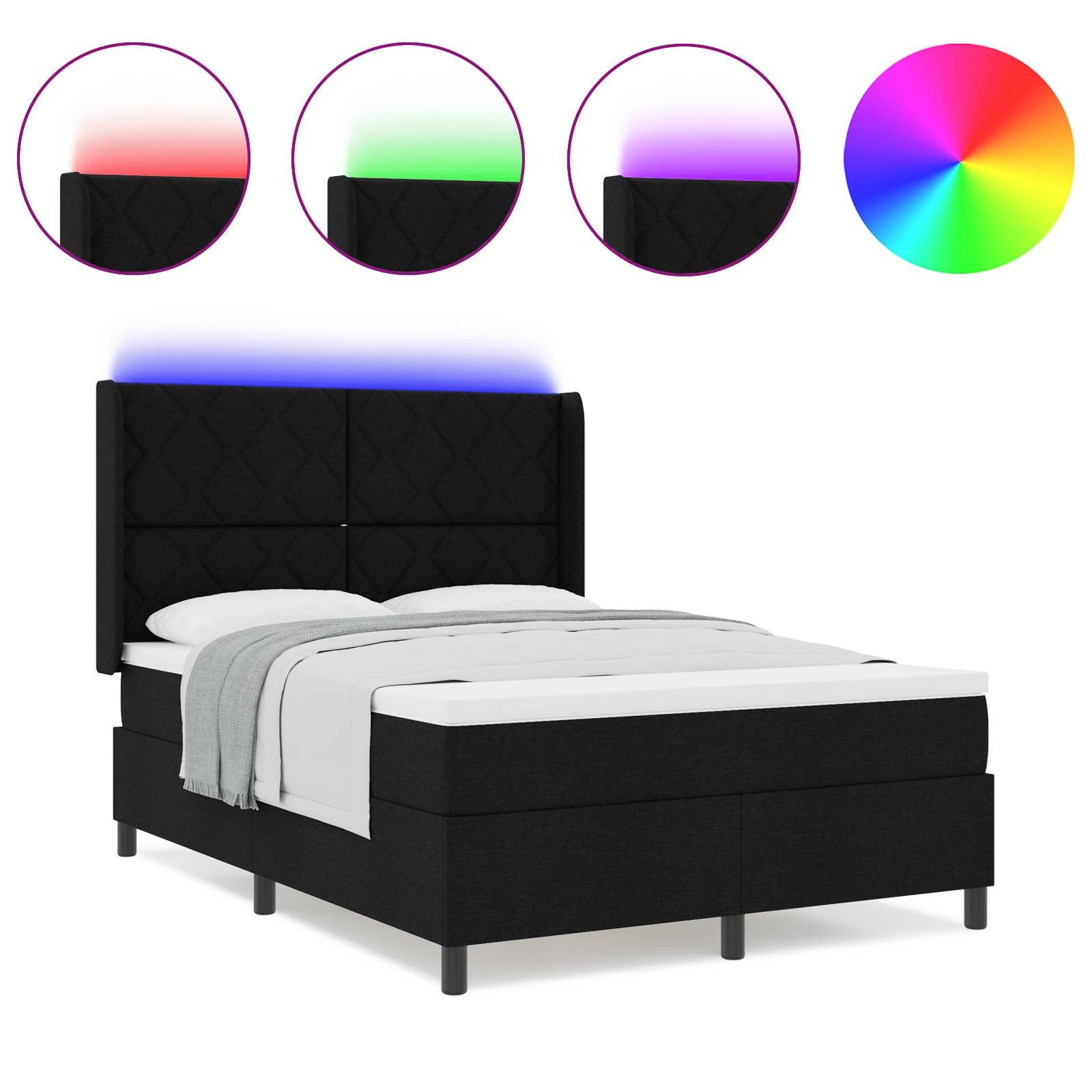 vidaXL LED Boxspringbett mit Matratze Schwarz 140x190 cm Stoff