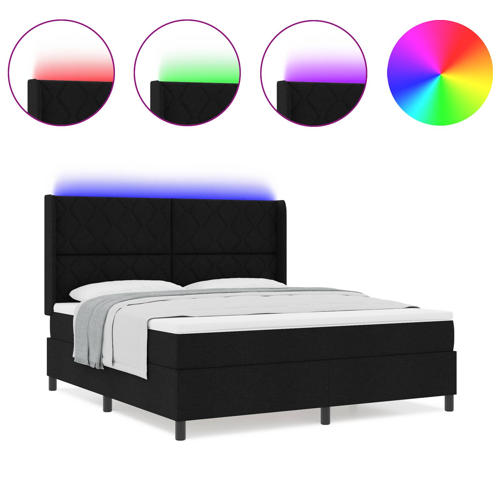 vidaXL LED Boxspringbett mit Matratze Schwarz 180x200 cm Stoff