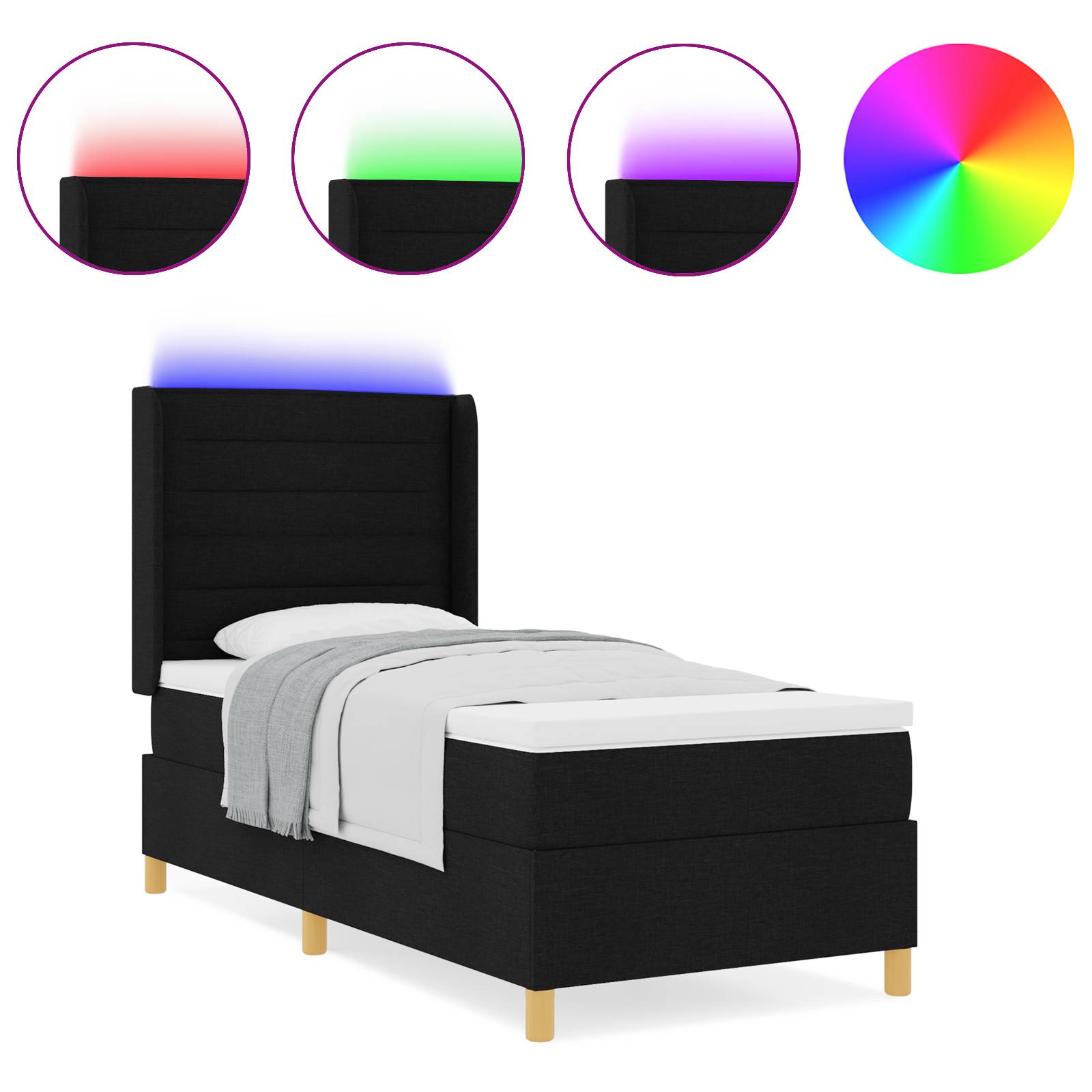 vidaXL LED Boxspringbett mit Matratze Schwarz 90x190 cm Stoff
