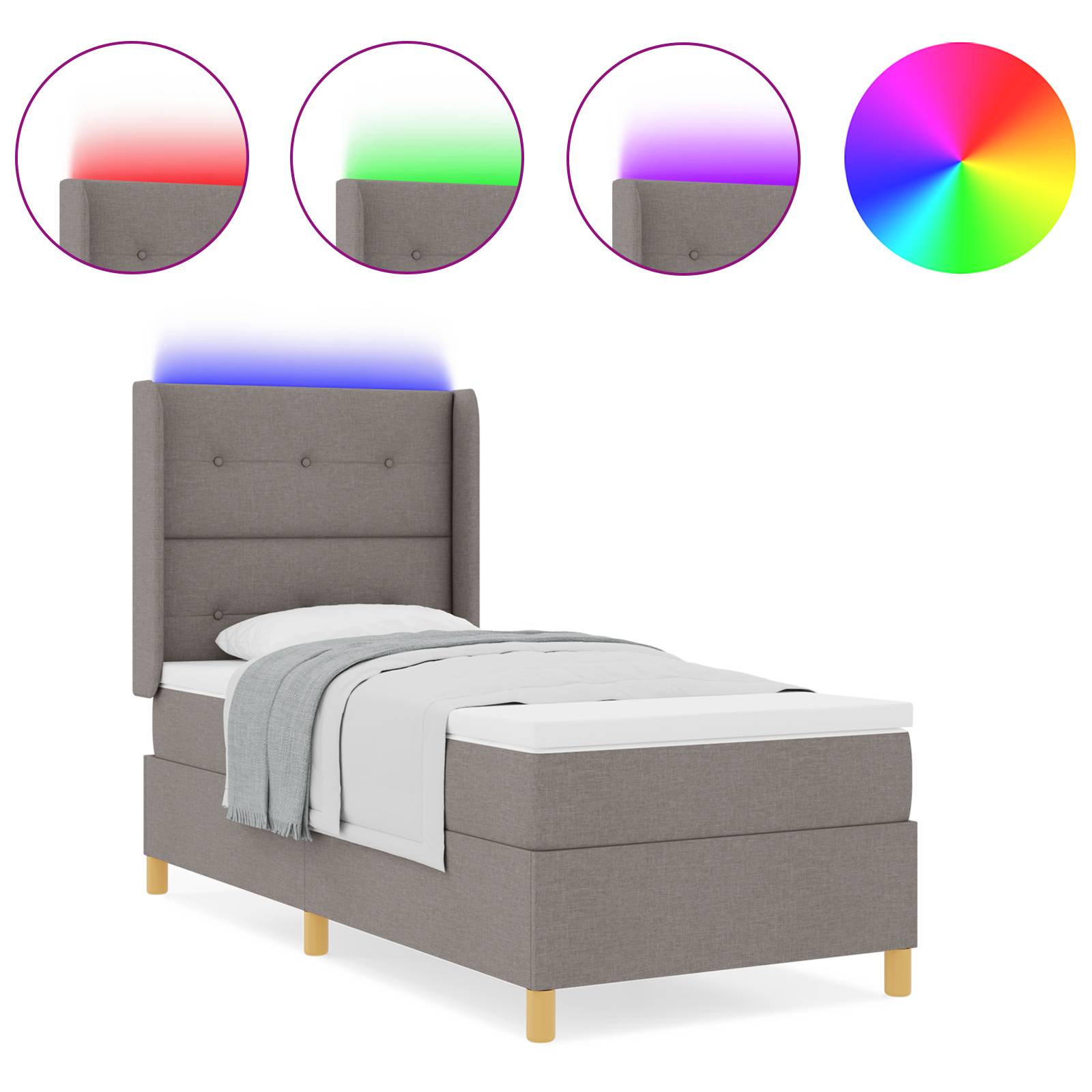 vidaXL LED Boxspringbett mit Matratze Taupe 90x200 cm Stoff