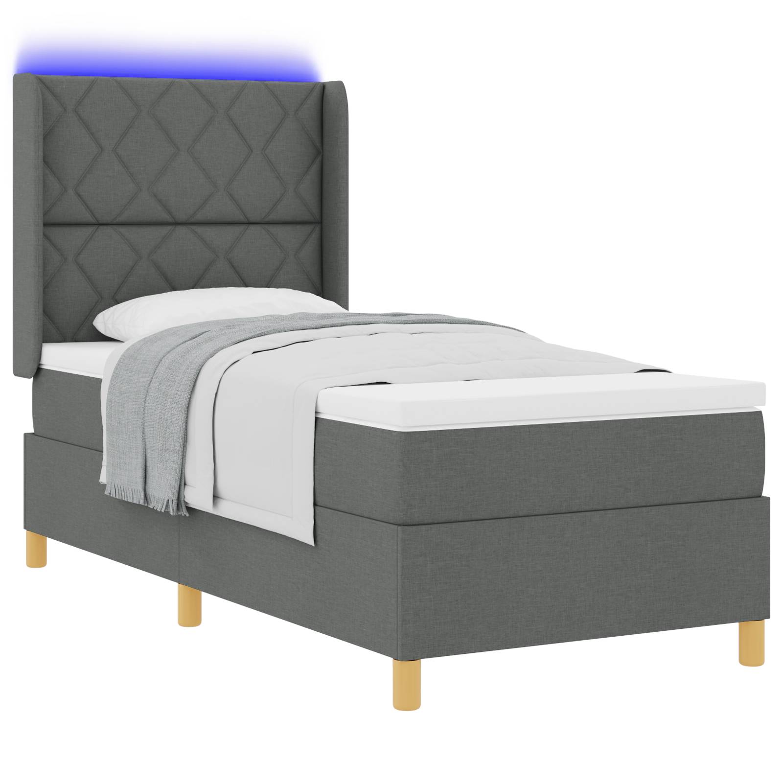 vidaXL LED Boxspringbett mit Matratze Dunkelgrau 90x190 cm Stoff