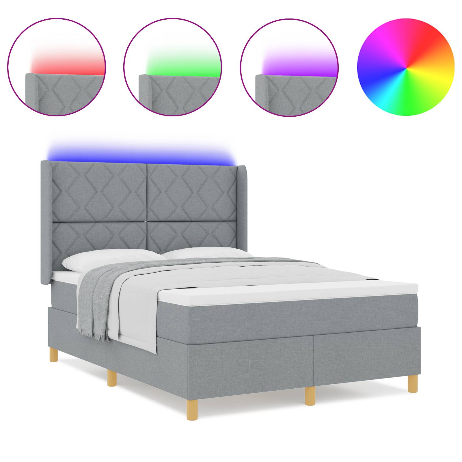 vidaXL LED Boxspringbett mit Matratze Hellgrau 140x190 cm Stoff