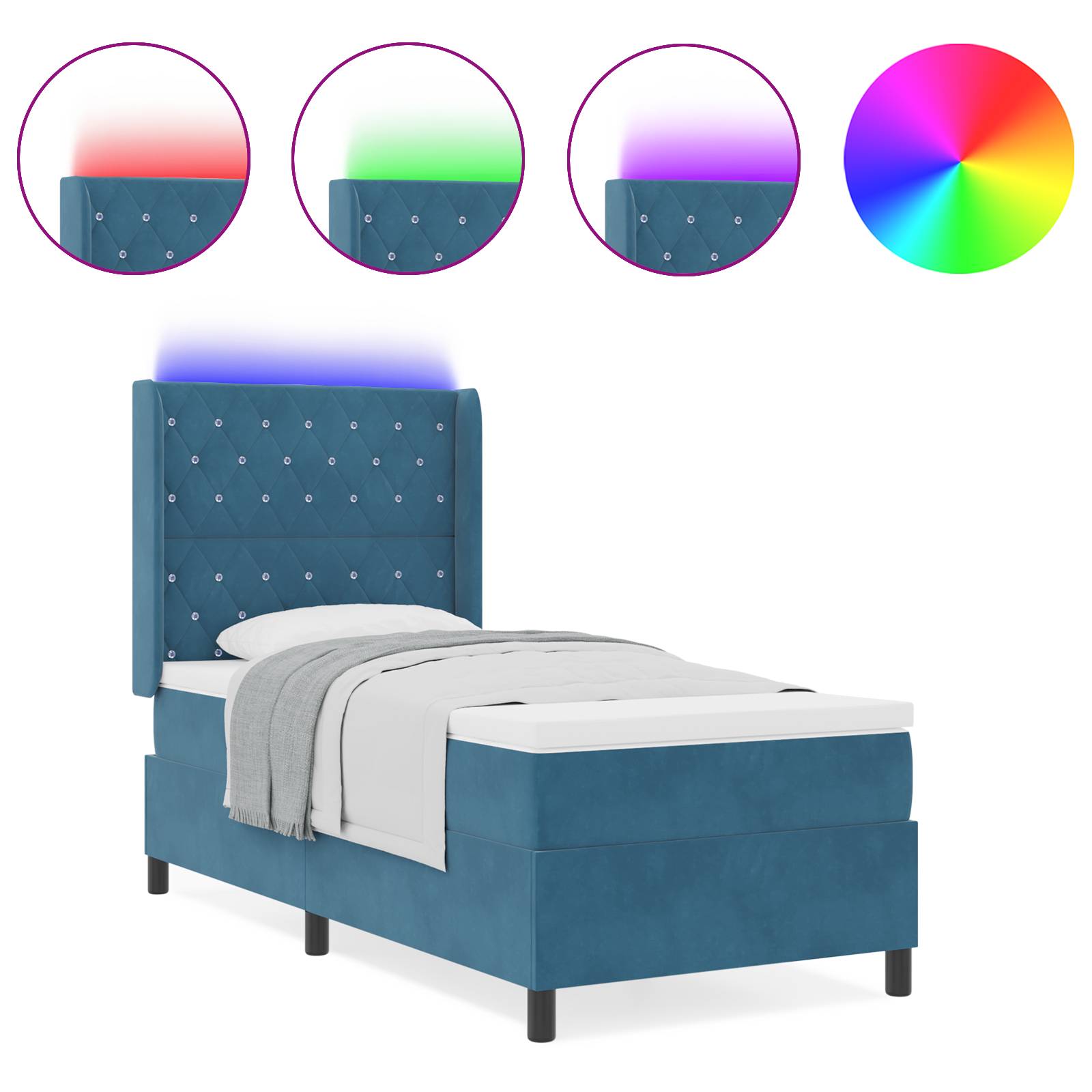 vidaXL LED Boxspringbett mit Matratze Dunkelblau 90x200 cm Samt