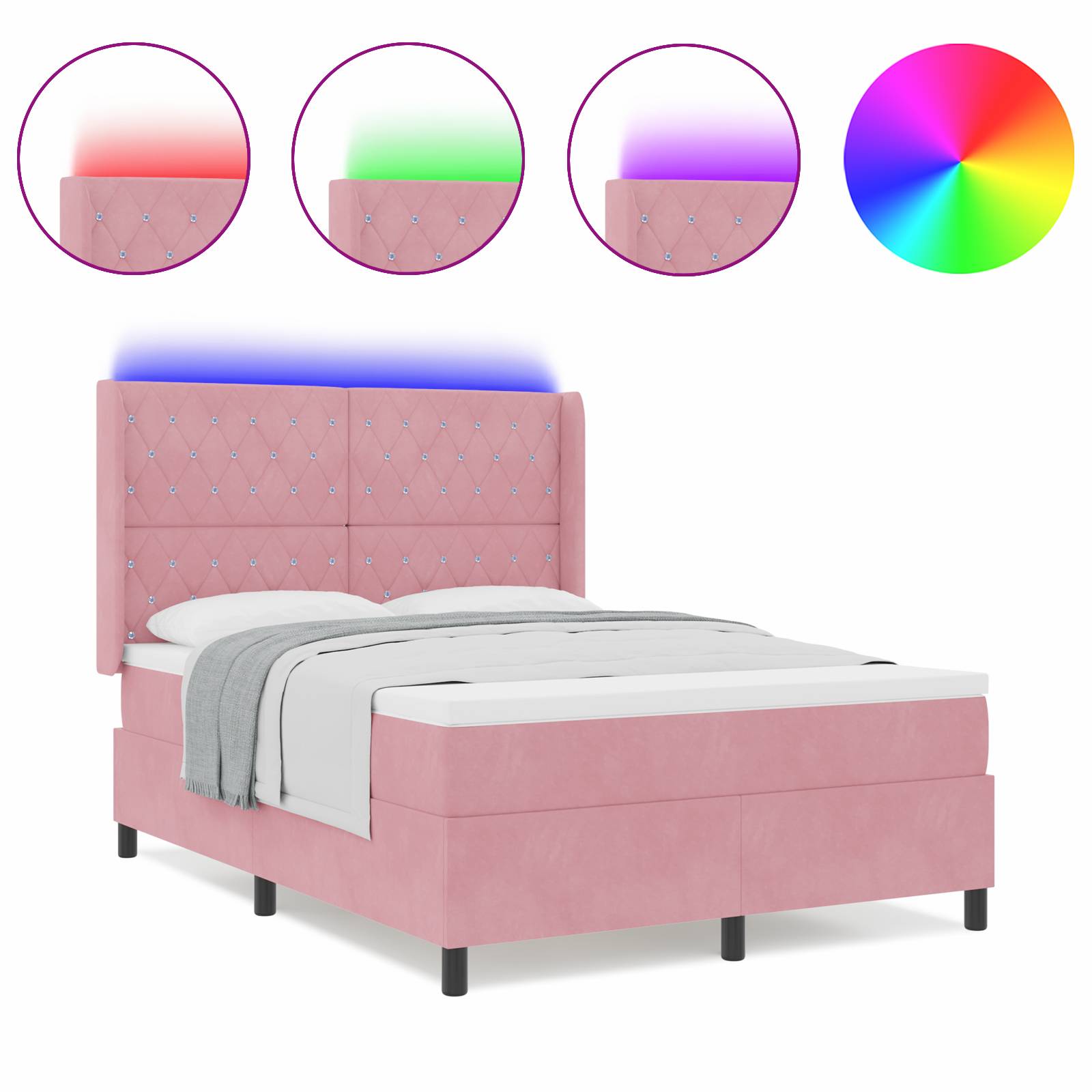 vidaXL LED Boxspringbett mit Matratze Rosa 140x200 cm Samt