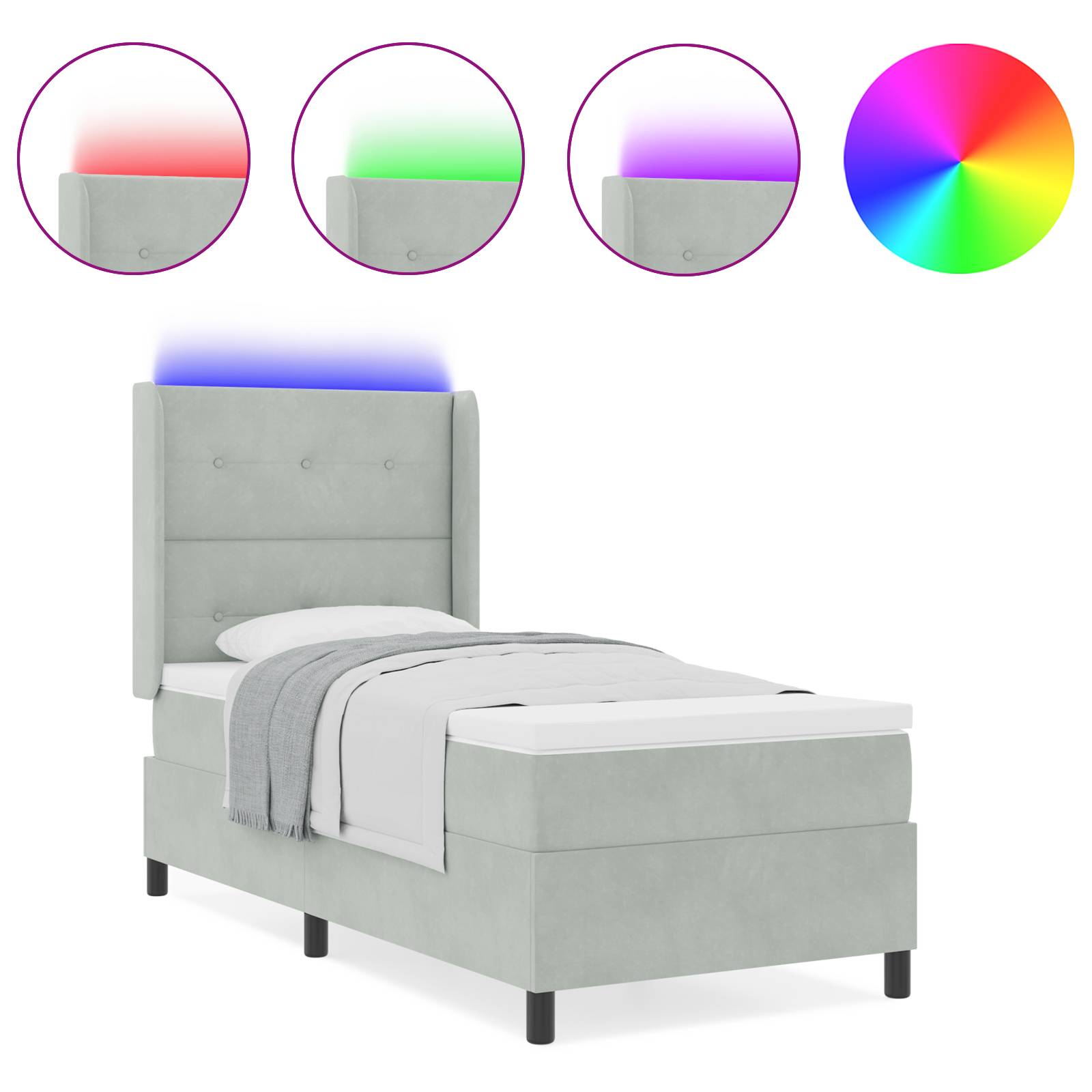vidaXL LED Boxspringbett mit Matratze Hellgrau 90x190 cm Samt