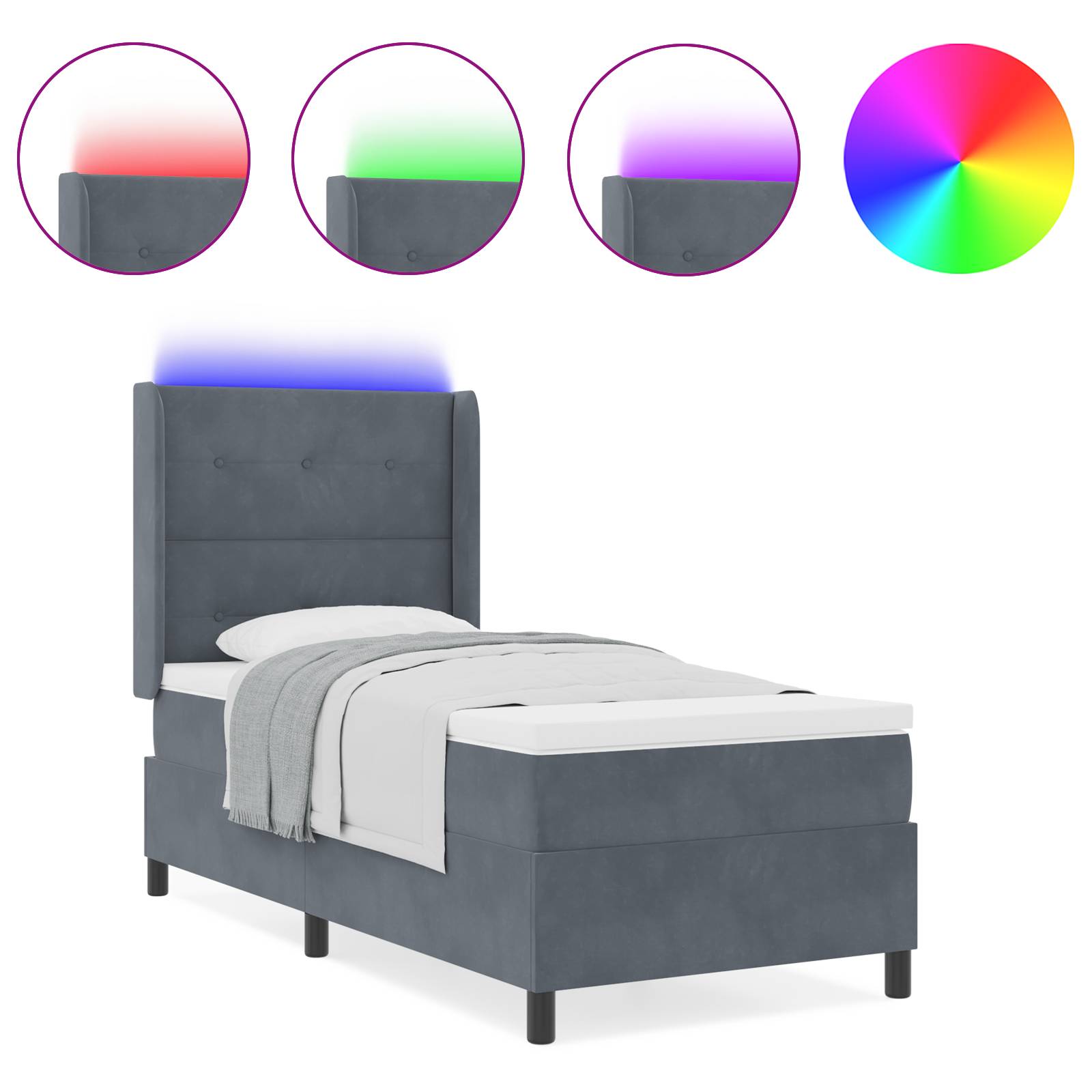 vidaXL LED Boxspringbett mit Matratze Dunkelgrau 90x200 cm Samt