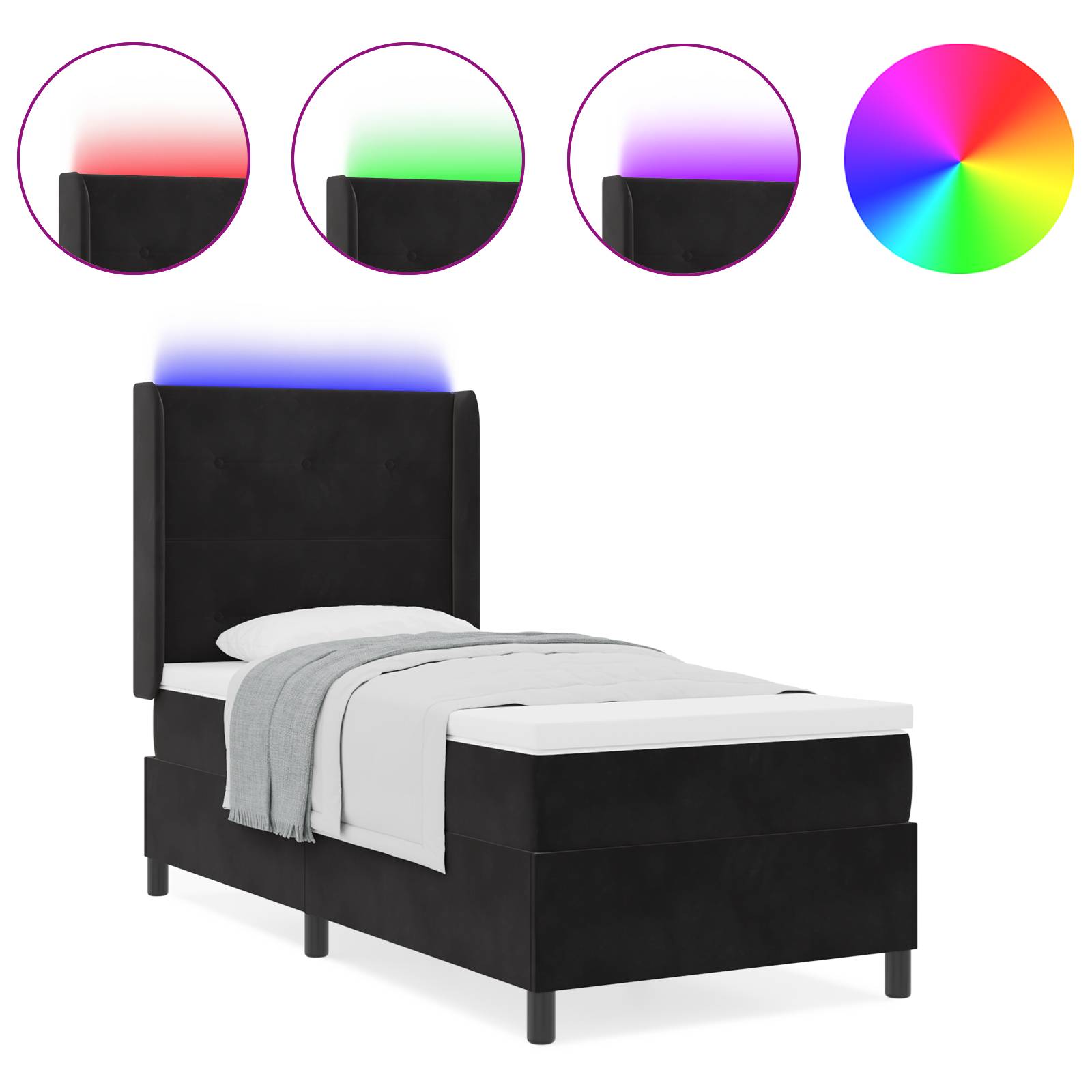 vidaXL LED Boxspringbett mit Matratze Schwarz 90x190 cm Samt
