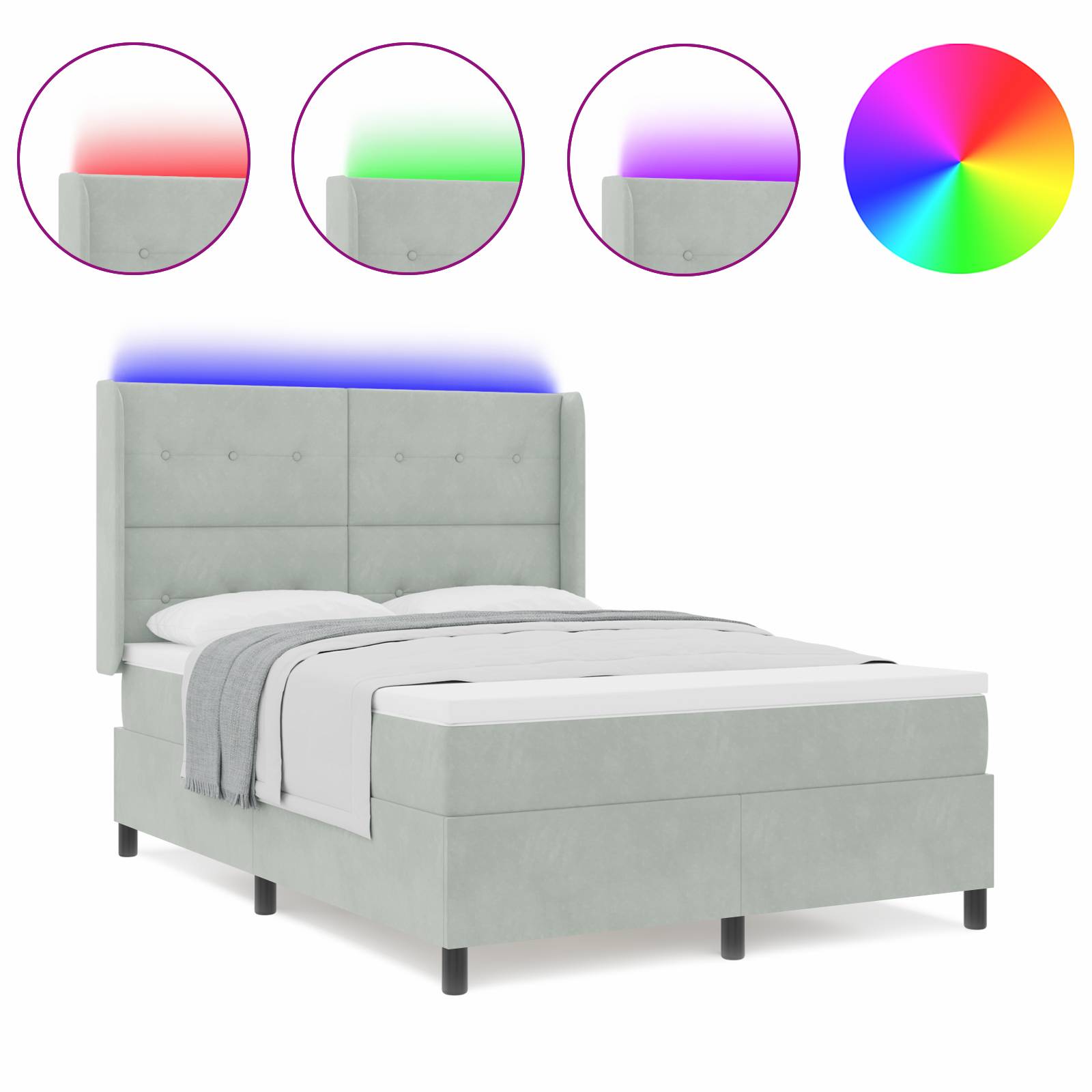 vidaXL LED Boxspringbett mit Matratze Hellgrau 140x200 cm Samt