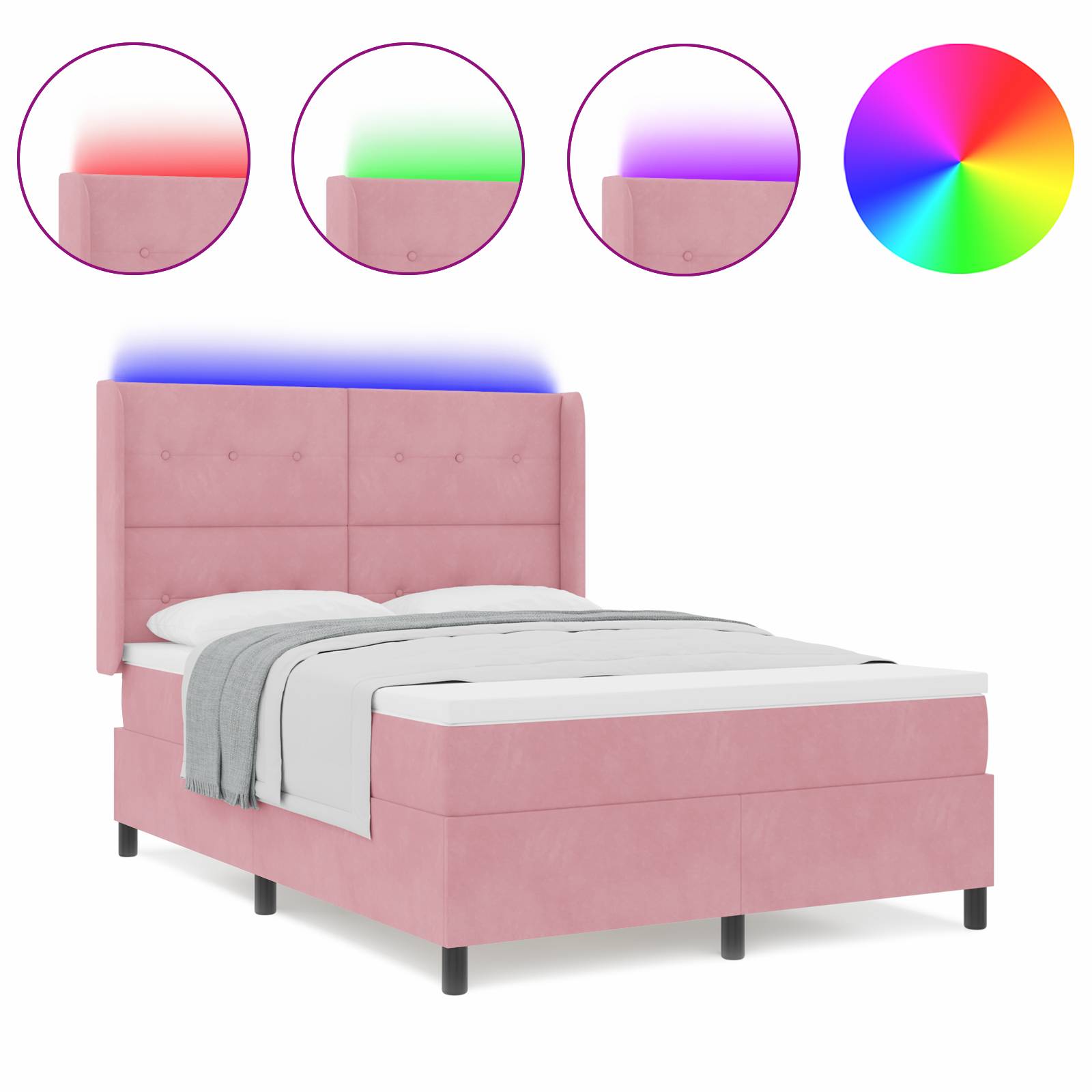 vidaXL LED Boxspringbett mit Matratze Rosa 160x200 cm Samt