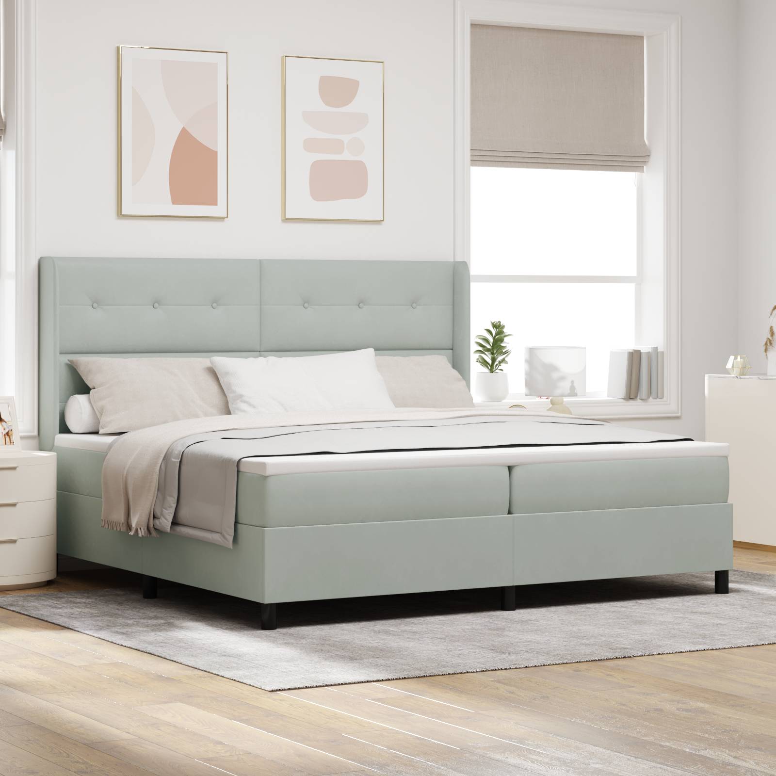 vidaXL LED Boxspringbett mit Matratze Hellgrau 200x200 cm Samt