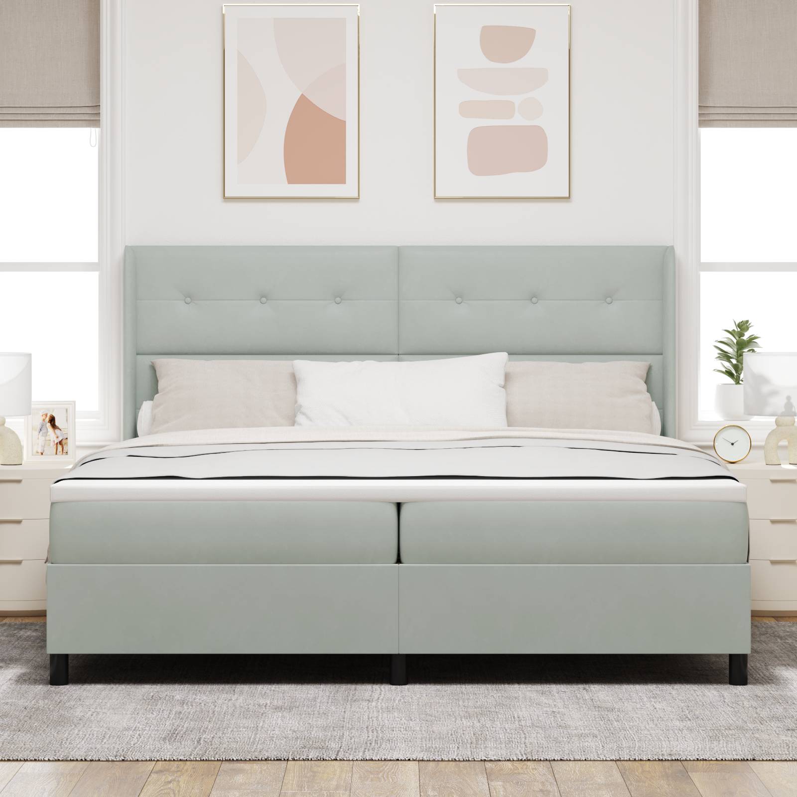 vidaXL LED Boxspringbett mit Matratze Hellgrau 200x200 cm Samt