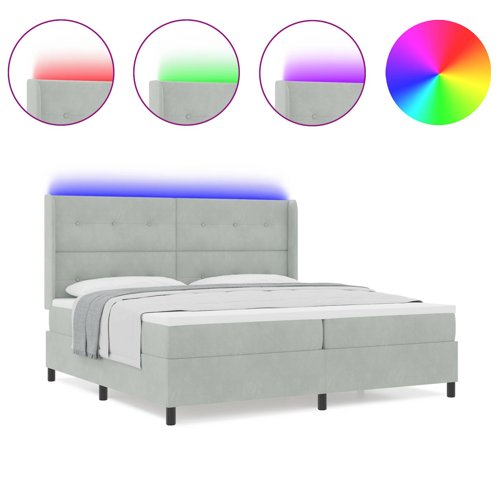 vidaXL LED Boxspringbett mit Matratze Hellgrau 200x200 cm Samt