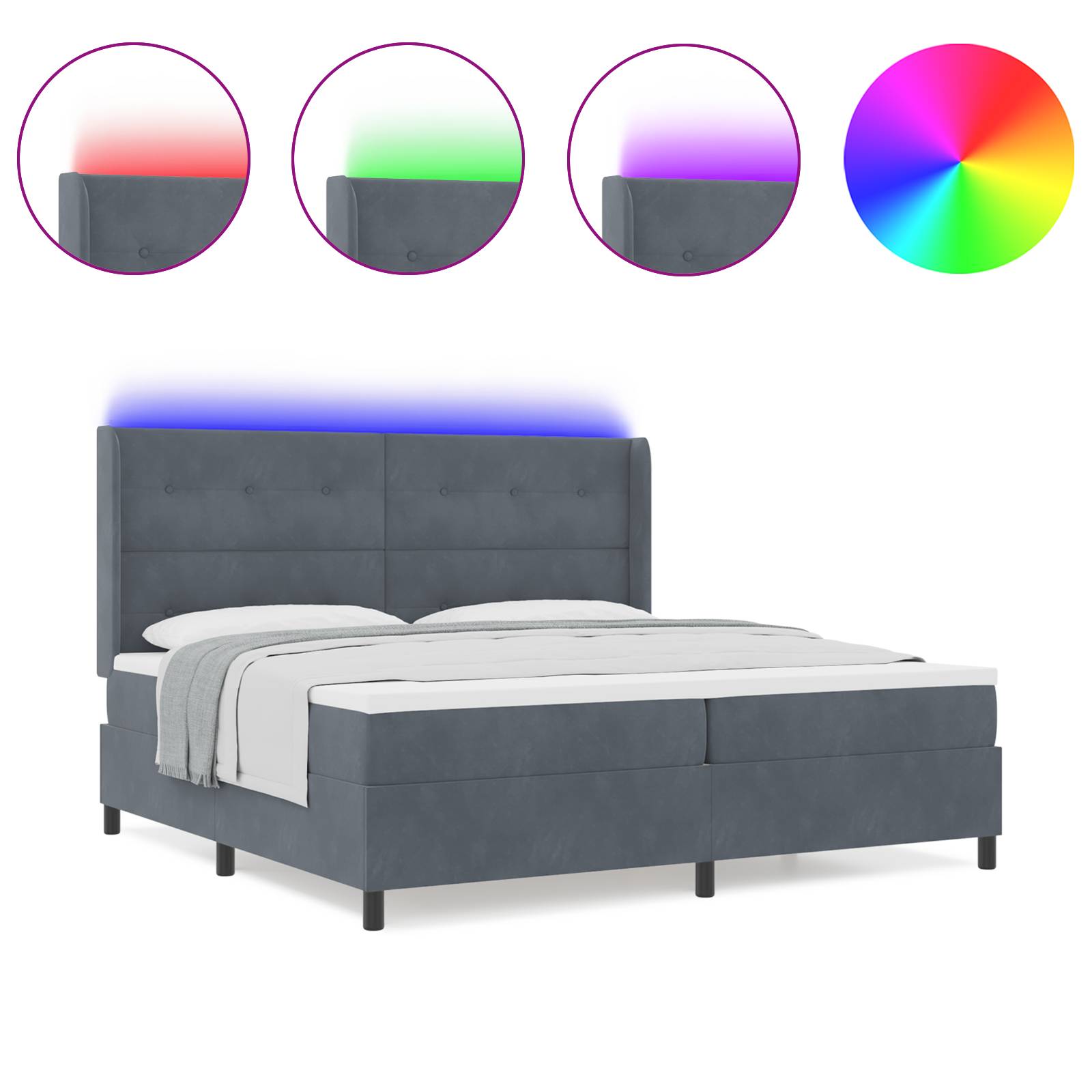 vidaXL LED Boxspringbett mit Matratze Dunkelgrau 200x200 cm Samt
